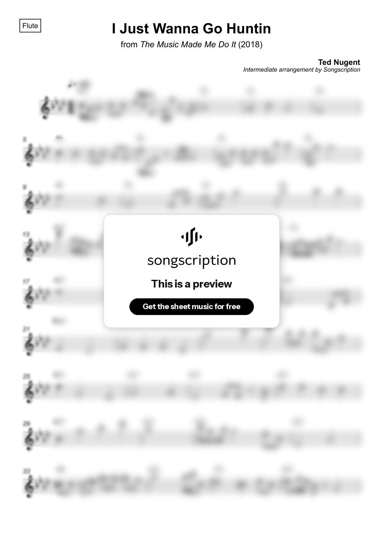 Intermediate Flute Sheet Music for "I Just Wanna Go Huntin" by Ted Nugent