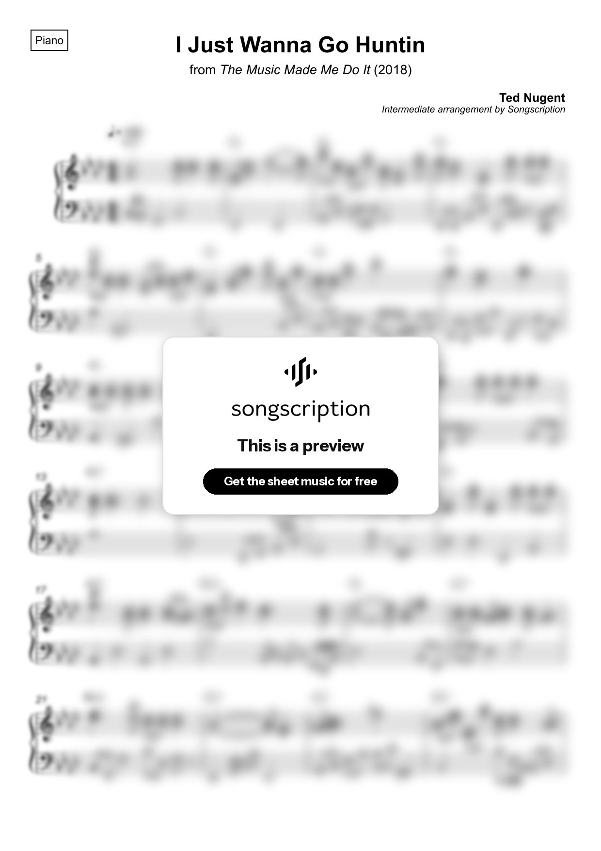 Intermediate Piano Sheet Music for "I Just Wanna Go Huntin" by Ted Nugent