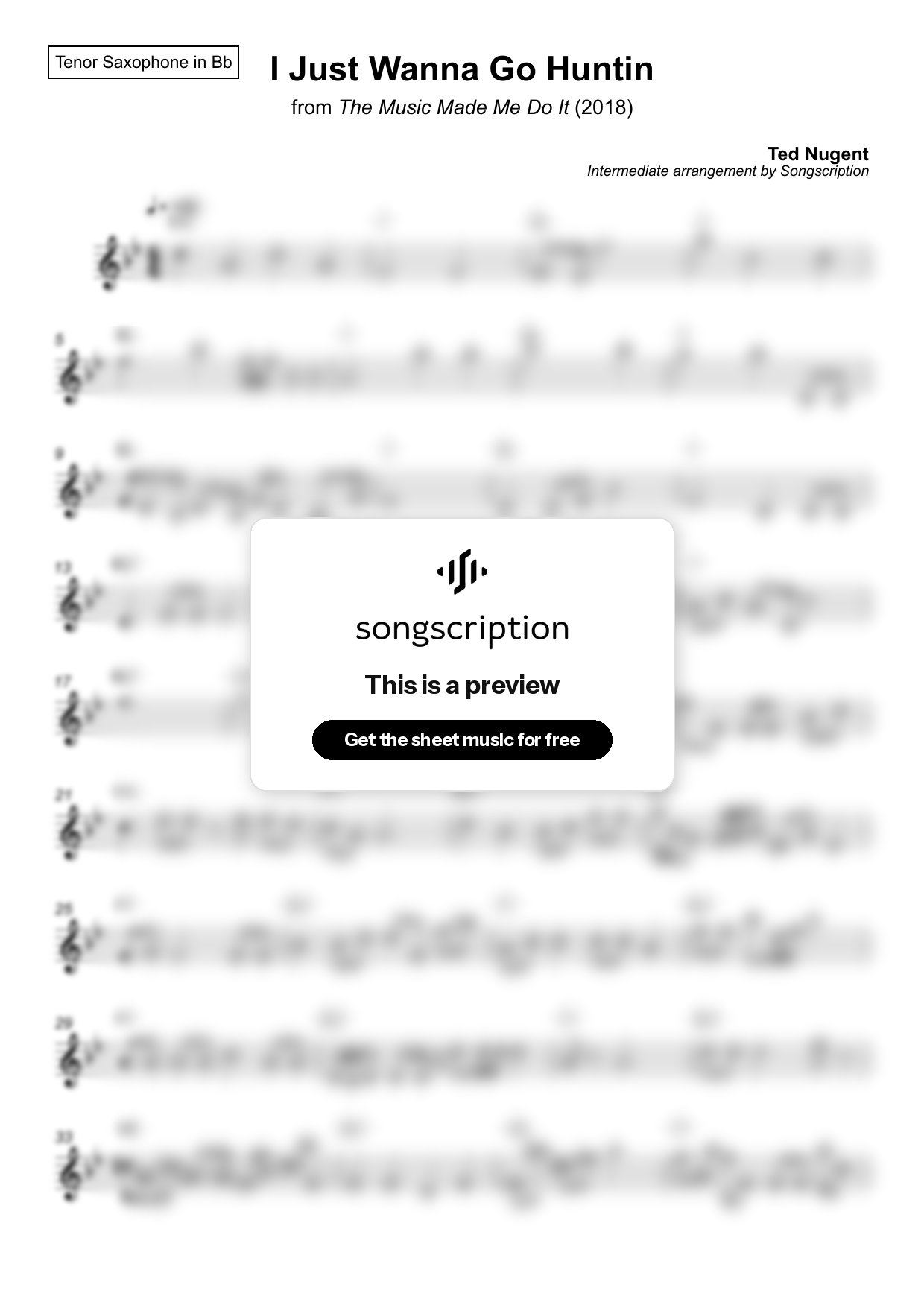 Intermediate Tenor Sax Sheet Music for "I Just Wanna Go Huntin" by Ted Nugent