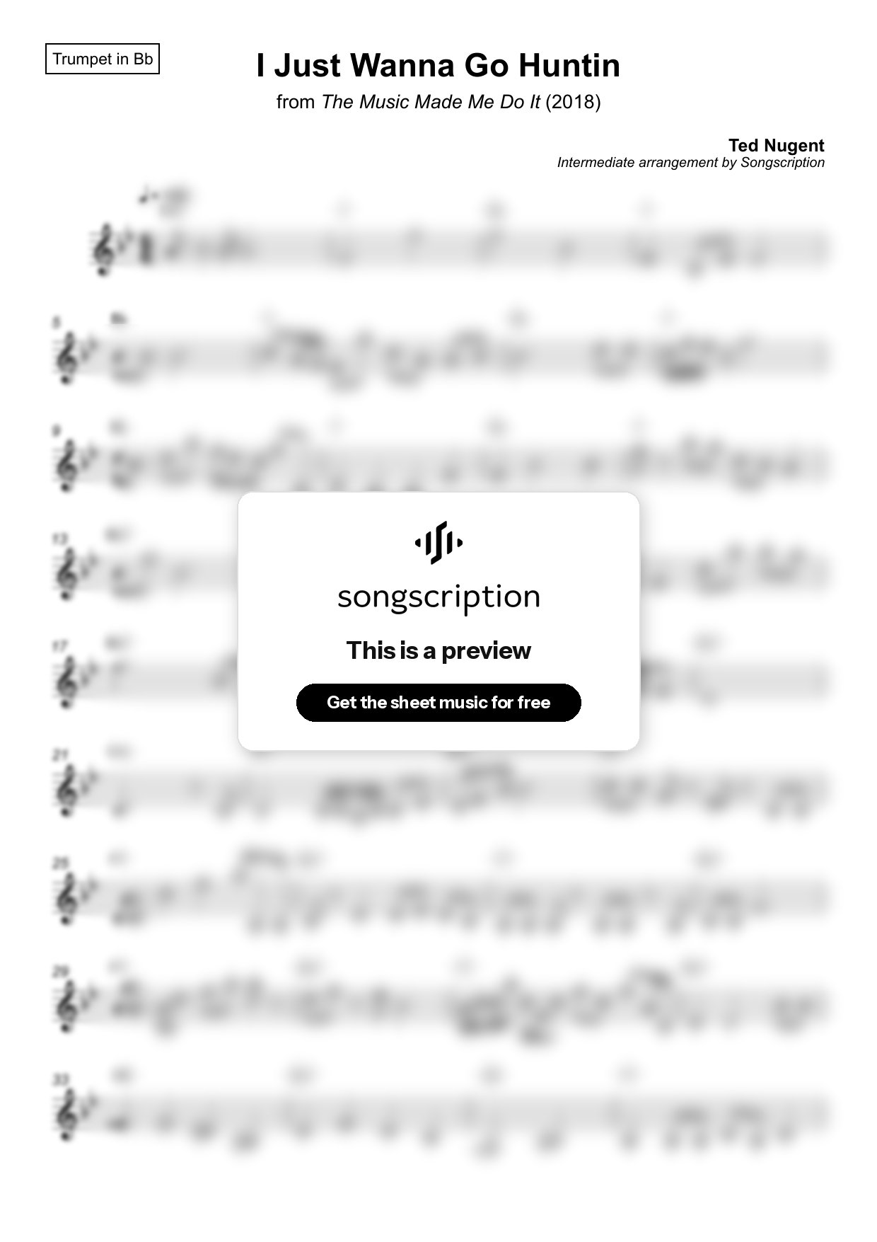 Intermediate Trumpet Sheet Music for "I Just Wanna Go Huntin" by Ted Nugent