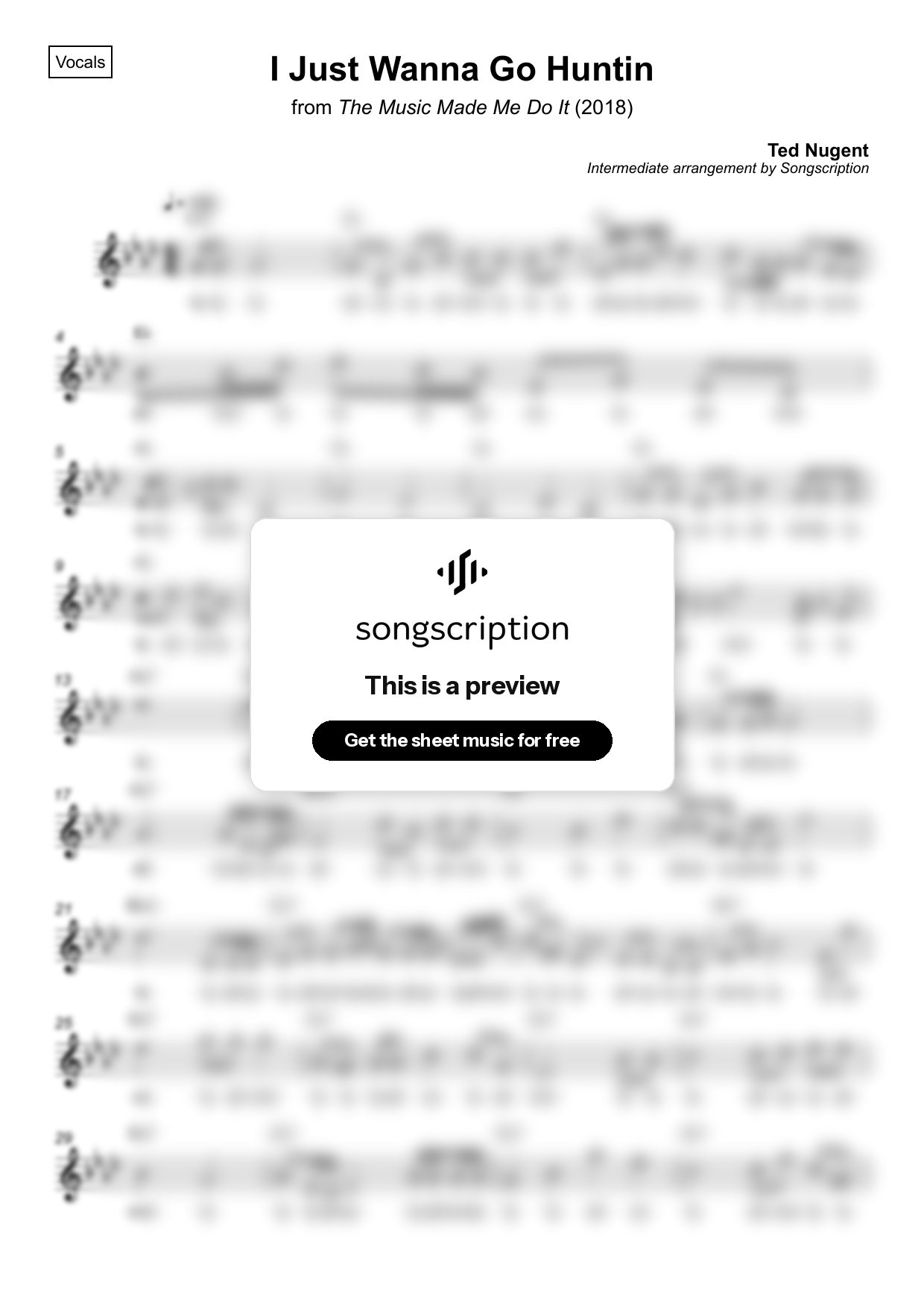 Intermediate Vocals Sheet Music for "I Just Wanna Go Huntin" by Ted Nugent
