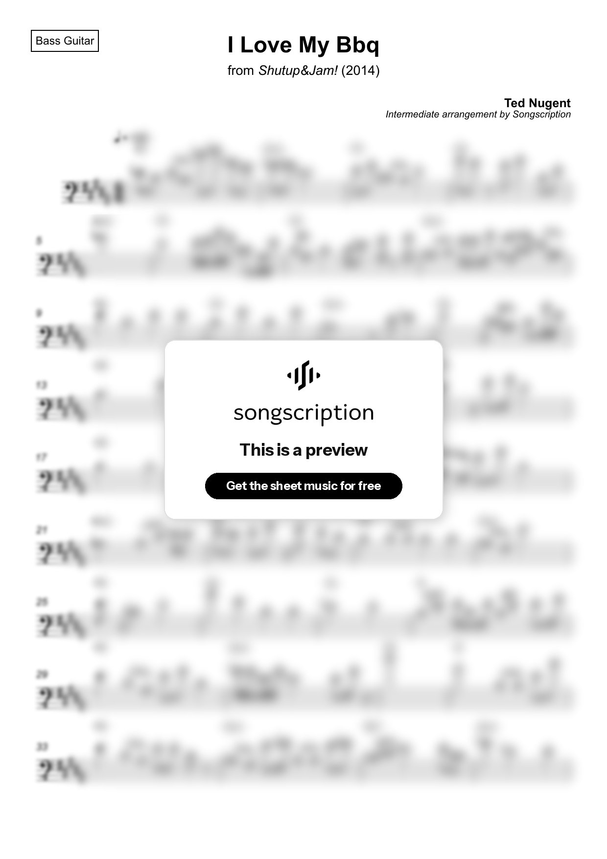 Intermediate Bass Guitar Sheet Music for "I Love My Bbq" by Ted Nugent
