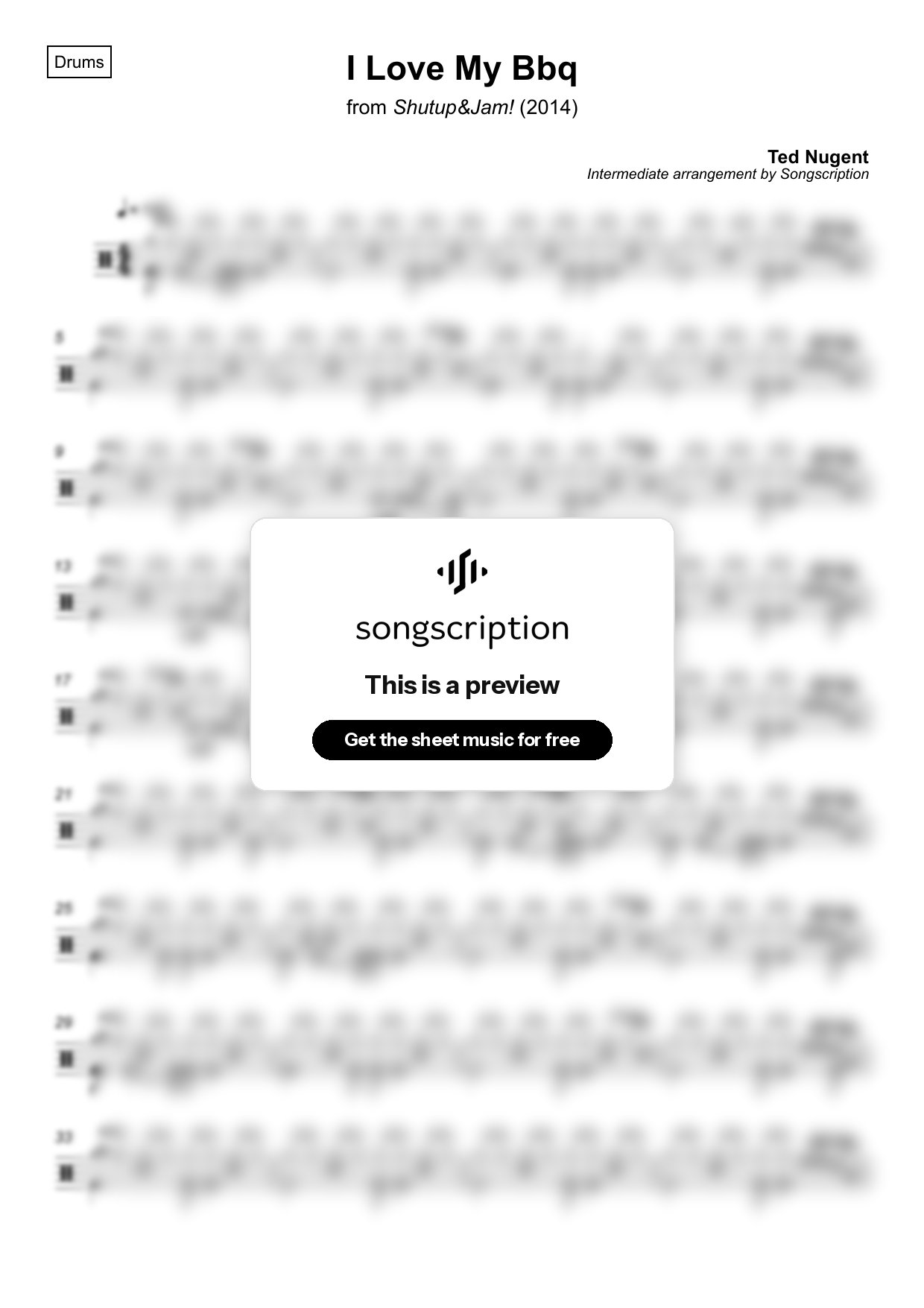 Intermediate Drums Sheet Music for "I Love My Bbq" by Ted Nugent