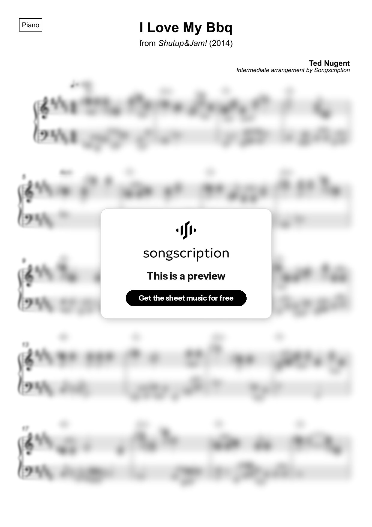 Intermediate Piano Sheet Music for "I Love My Bbq" by Ted Nugent