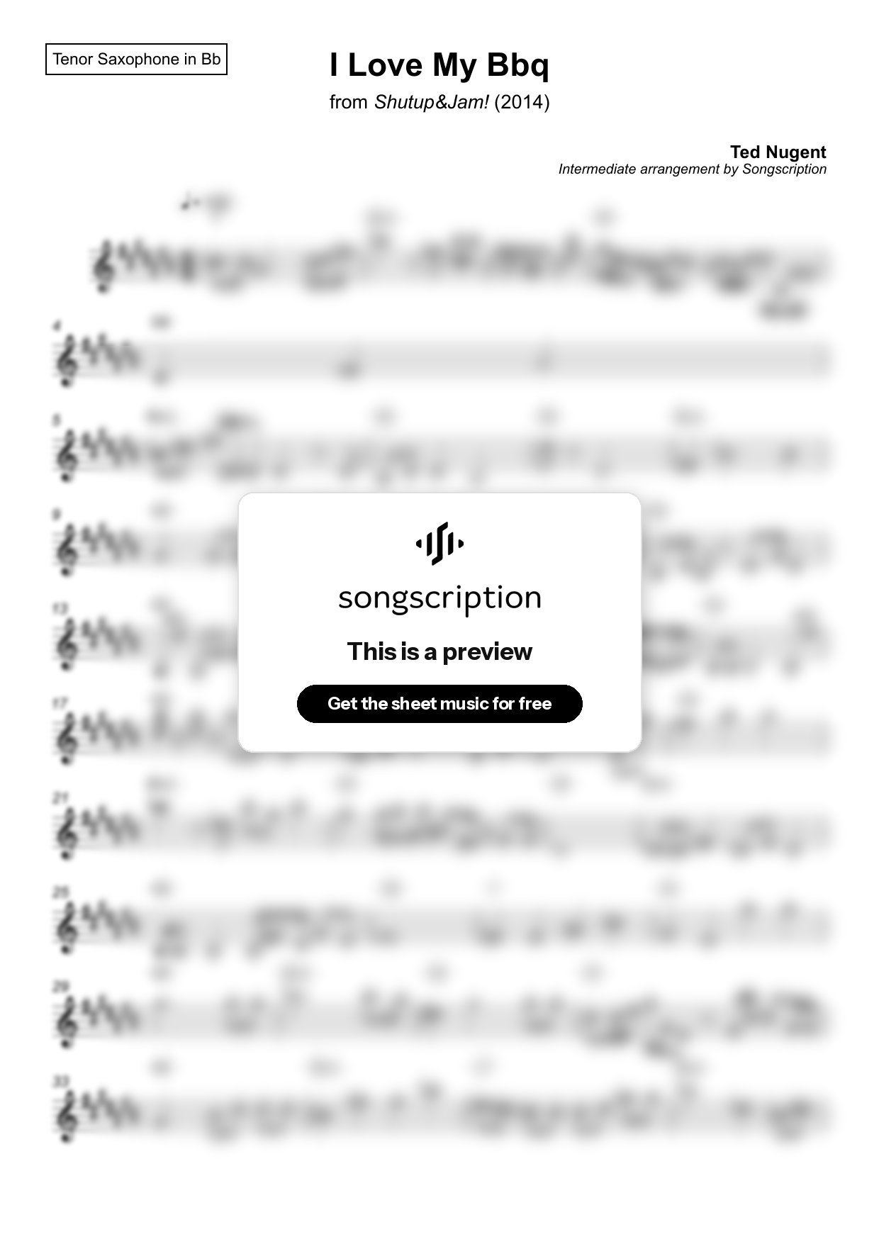 Intermediate Tenor Sax Sheet Music for "I Love My Bbq" by Ted Nugent