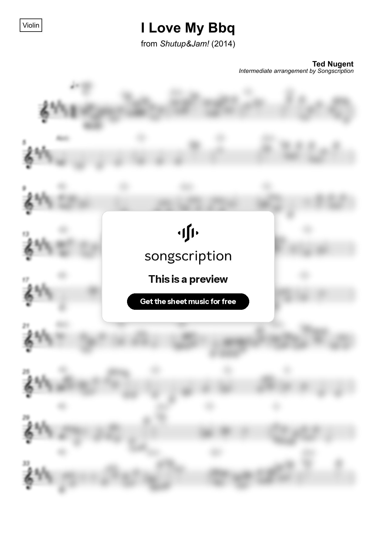 Intermediate Violin Sheet Music for "I Love My Bbq" by Ted Nugent