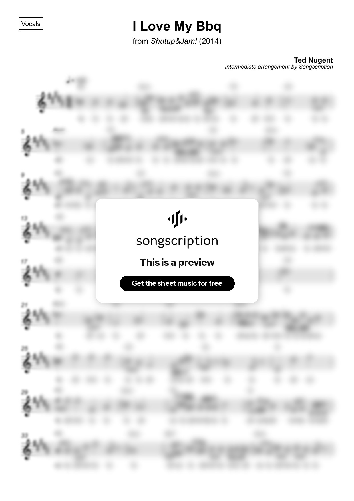 Intermediate Vocals Sheet Music for "I Love My Bbq" by Ted Nugent