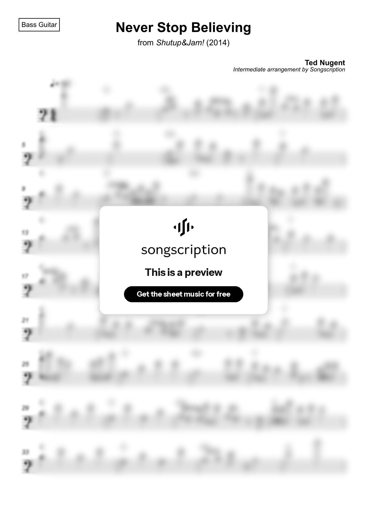Intermediate Bass Guitar Sheet Music for "Never Stop Believing" by Ted Nugent