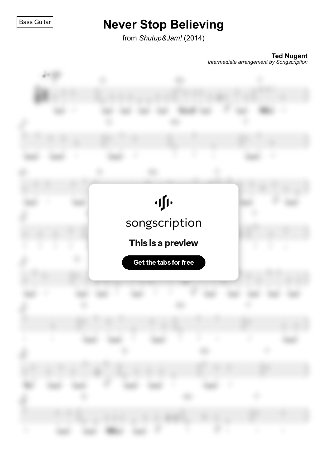 Intermediate Bass Guitar Tabs for "Never Stop Believing" by Ted Nugent