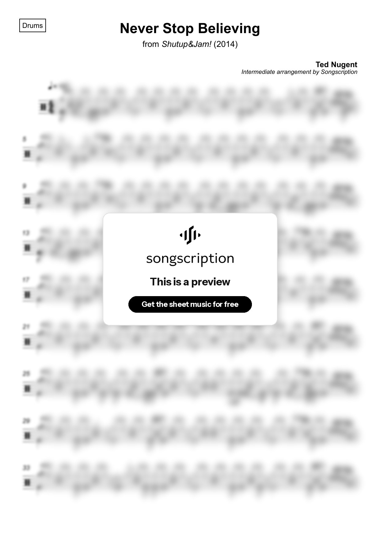 Intermediate Drums Sheet Music for "Never Stop Believing" by Ted Nugent