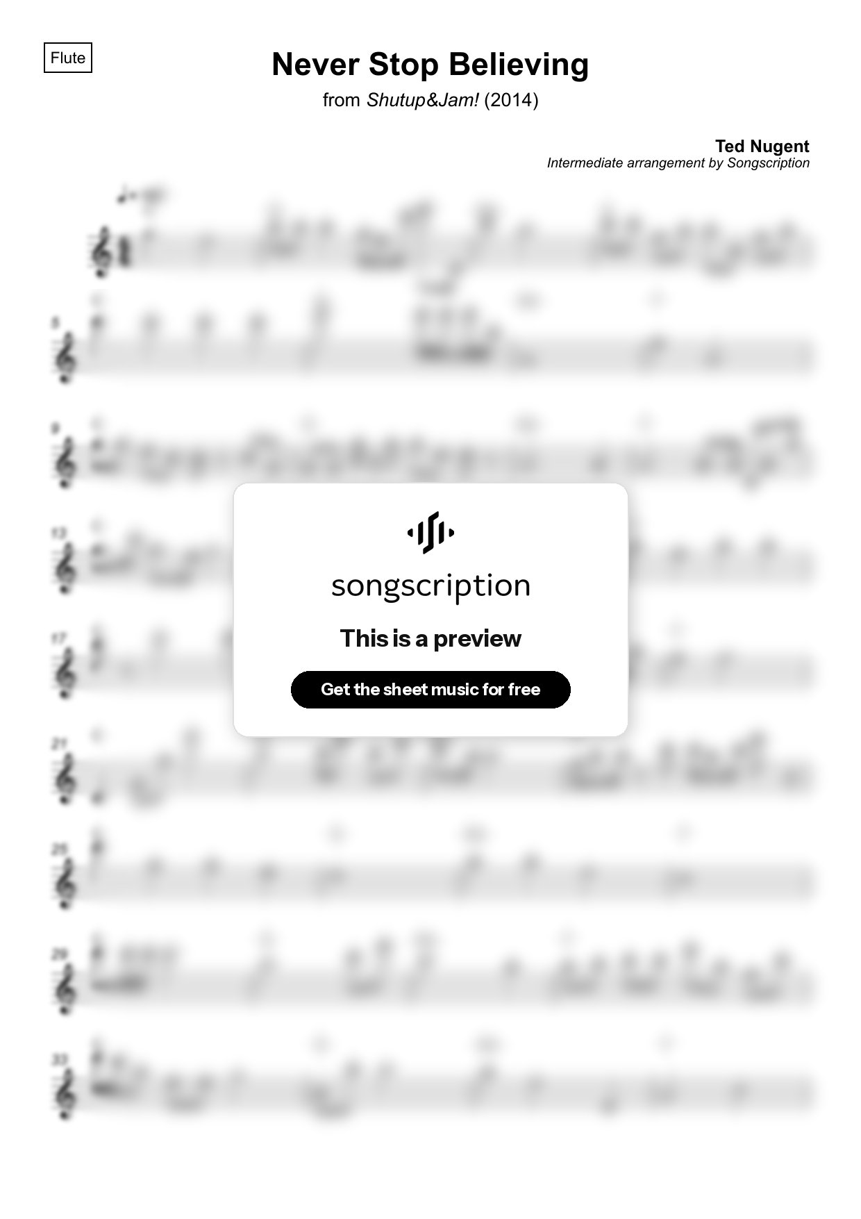 Intermediate Flute Sheet Music for "Never Stop Believing" by Ted Nugent