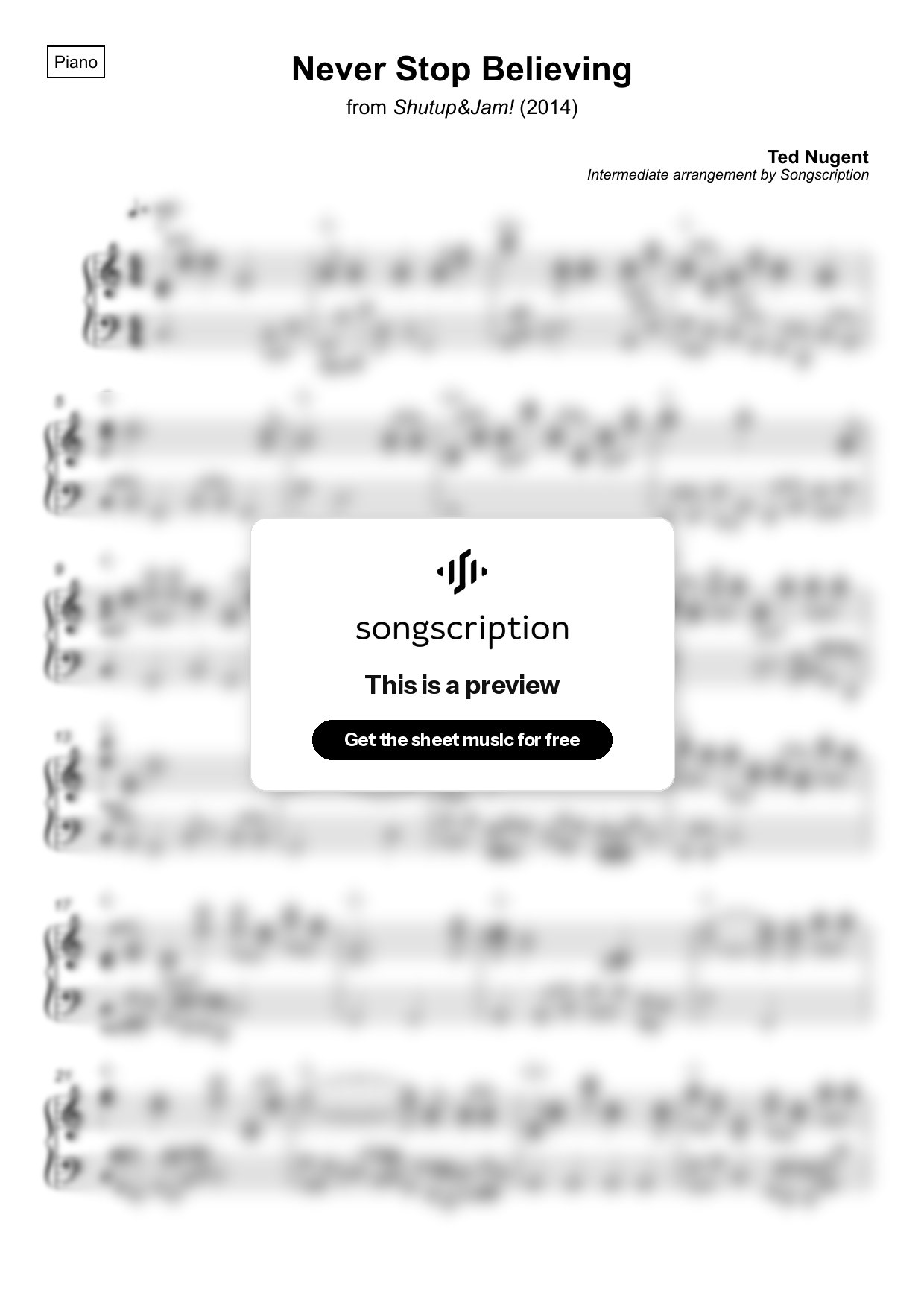 Intermediate Piano Sheet Music for "Never Stop Believing" by Ted Nugent