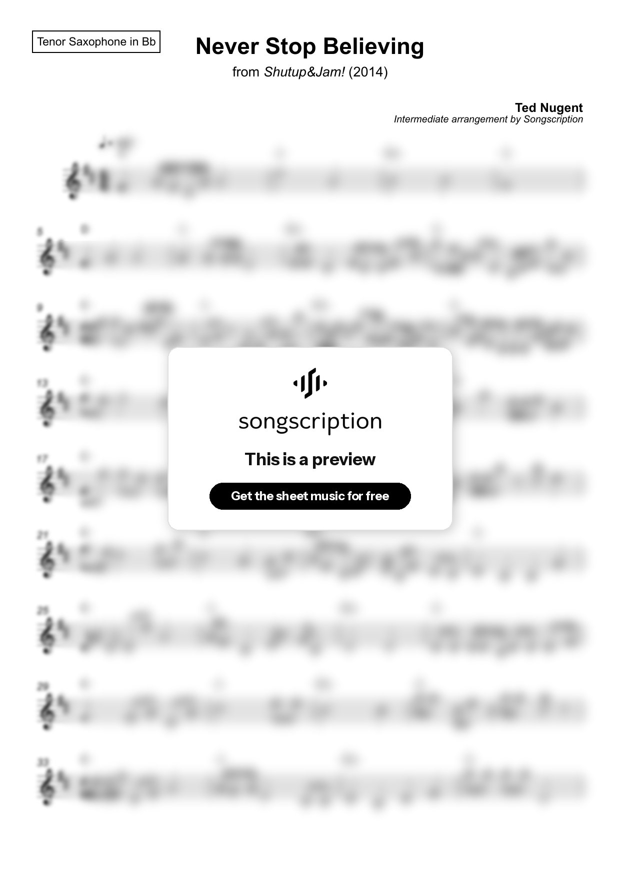 Intermediate Tenor Sax Sheet Music for "Never Stop Believing" by Ted Nugent