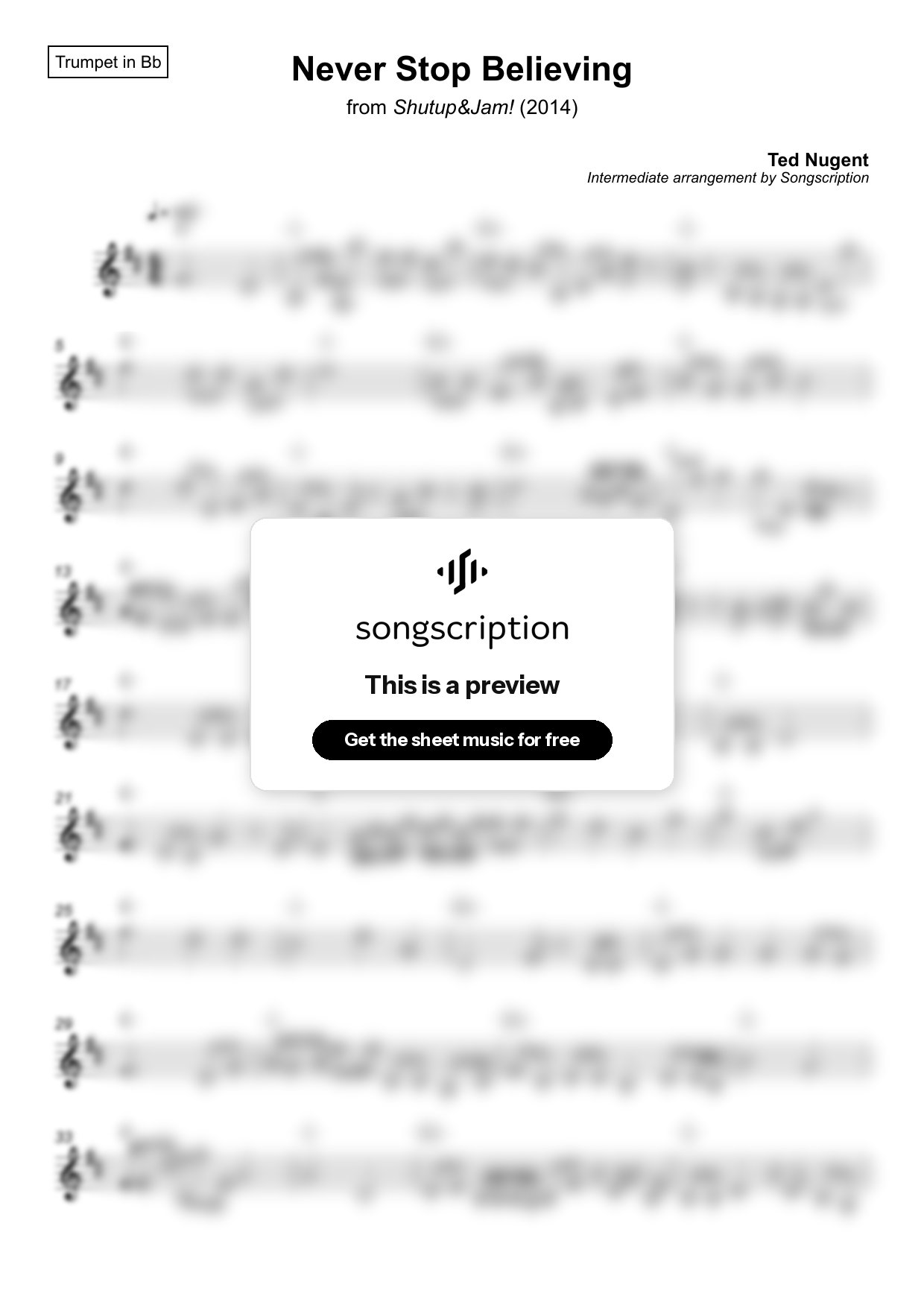 Intermediate Trumpet Sheet Music for "Never Stop Believing" by Ted Nugent