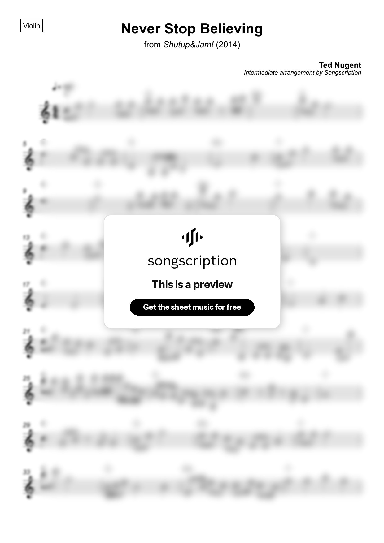 Intermediate Violin Sheet Music for "Never Stop Believing" by Ted Nugent