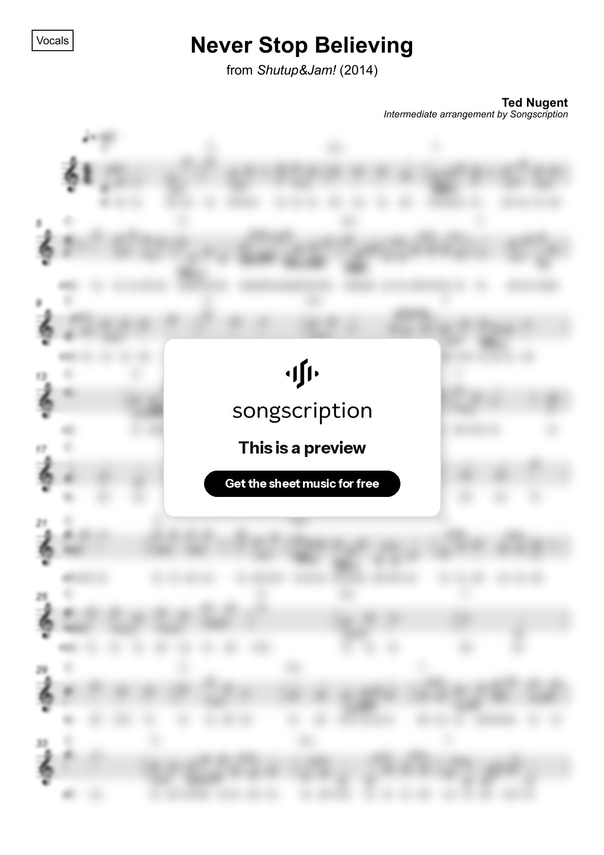 Intermediate Vocals Sheet Music for "Never Stop Believing" by Ted Nugent