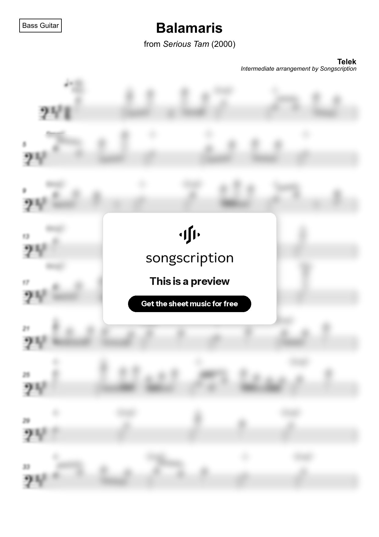 Intermediate Bass Guitar Sheet Music for "Balamaris" by Telek
