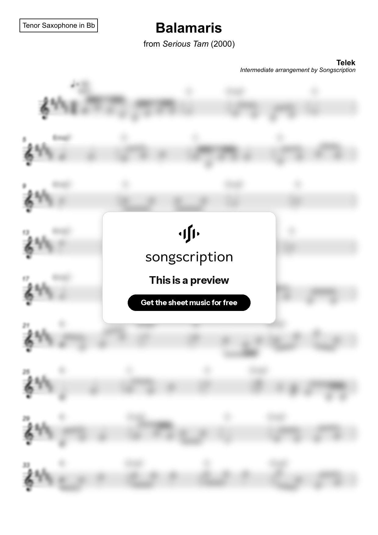 Intermediate Tenor Sax Sheet Music for "Balamaris" by Telek