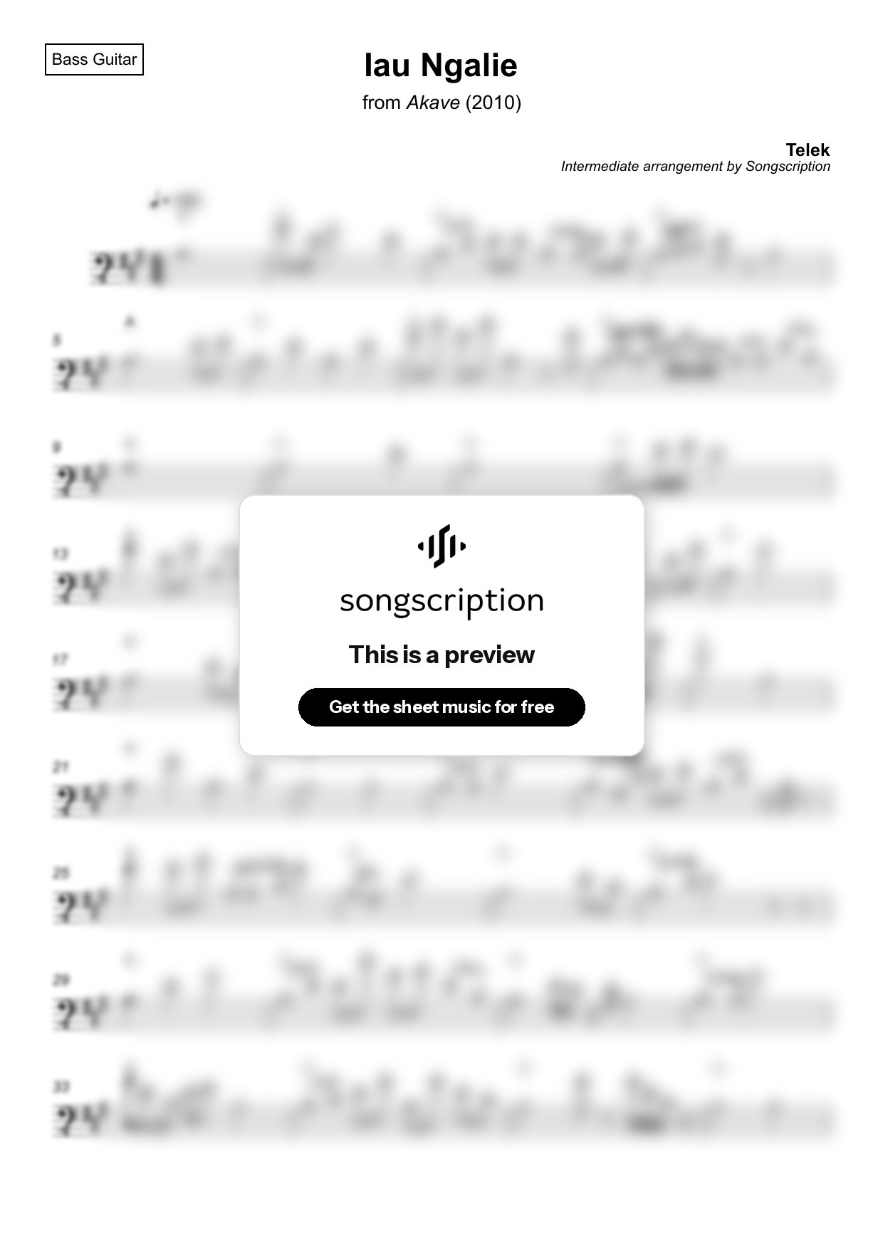 Intermediate Bass Guitar Sheet Music for "Iau Ngalie" by Telek