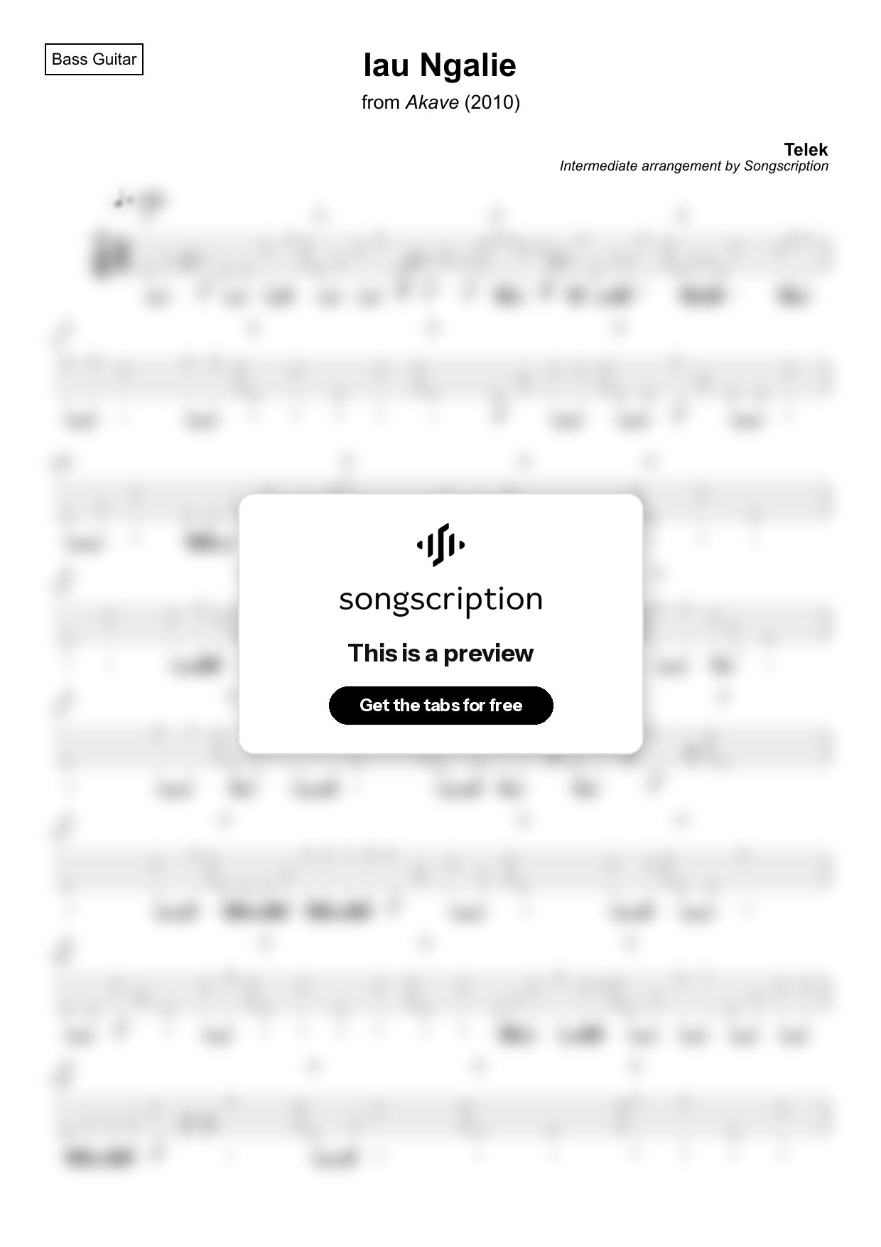 Intermediate Bass Guitar Tabs for "Iau Ngalie" by Telek