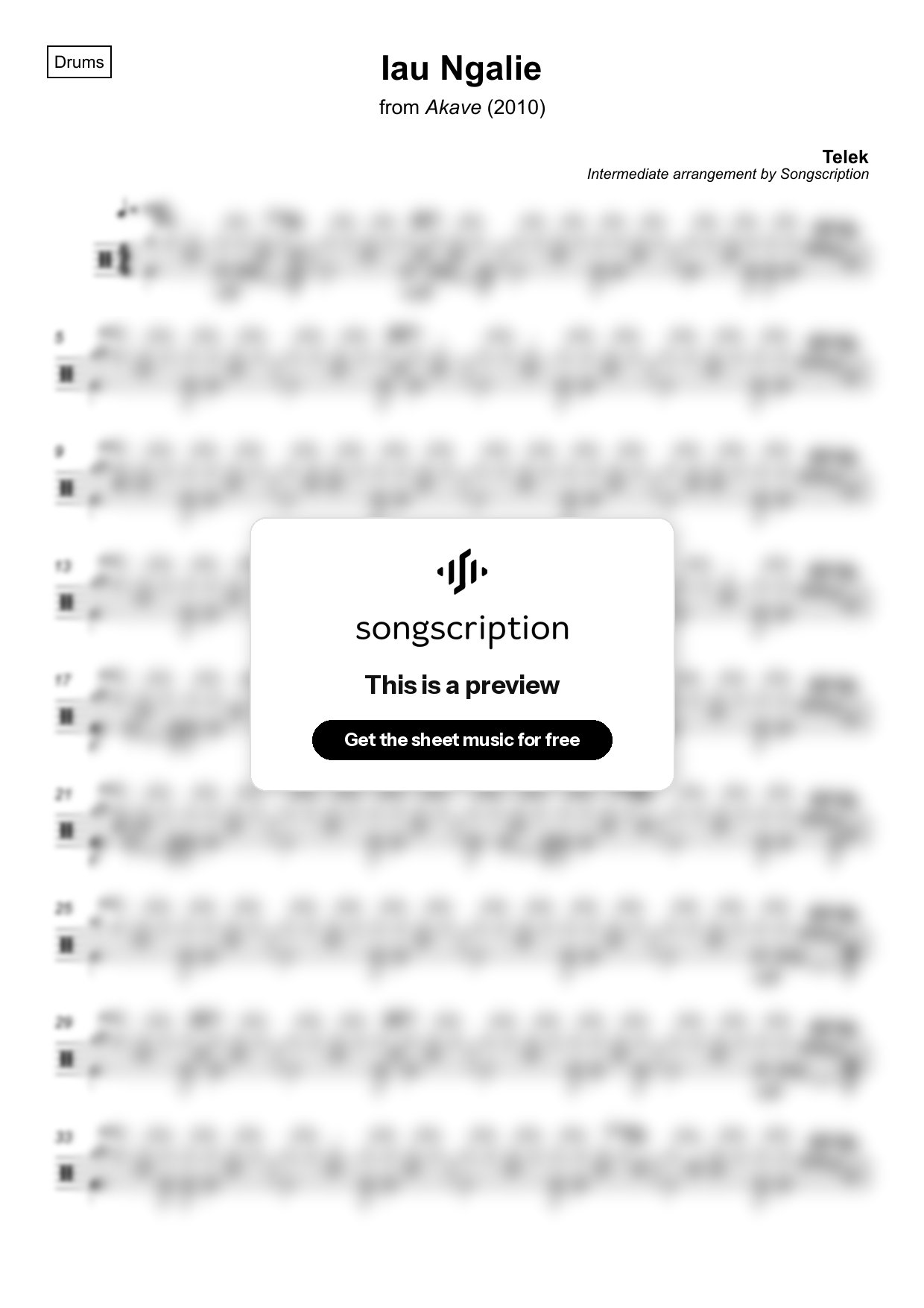Intermediate Drums Sheet Music for "Iau Ngalie" by Telek