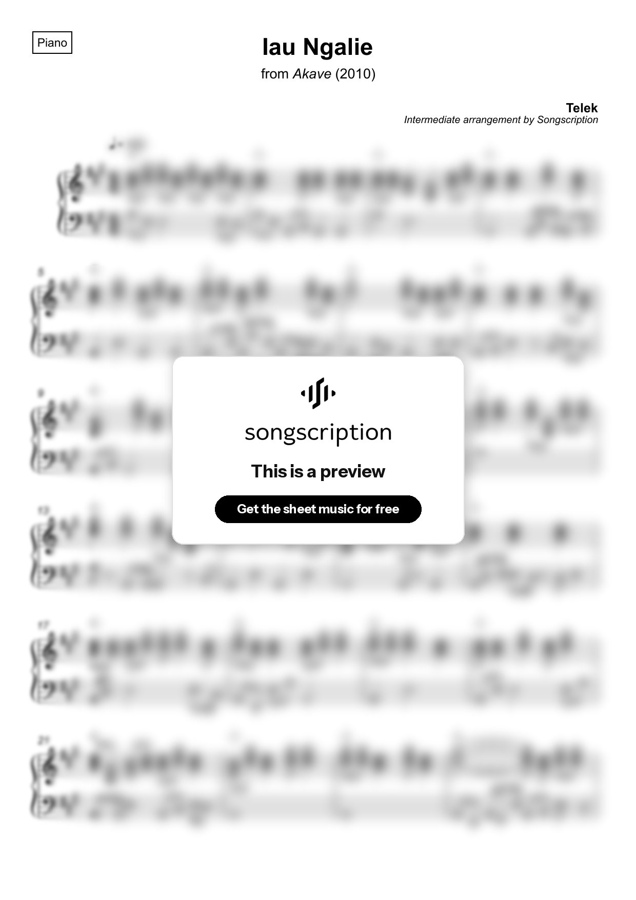 Intermediate Piano Sheet Music for "Iau Ngalie" by Telek