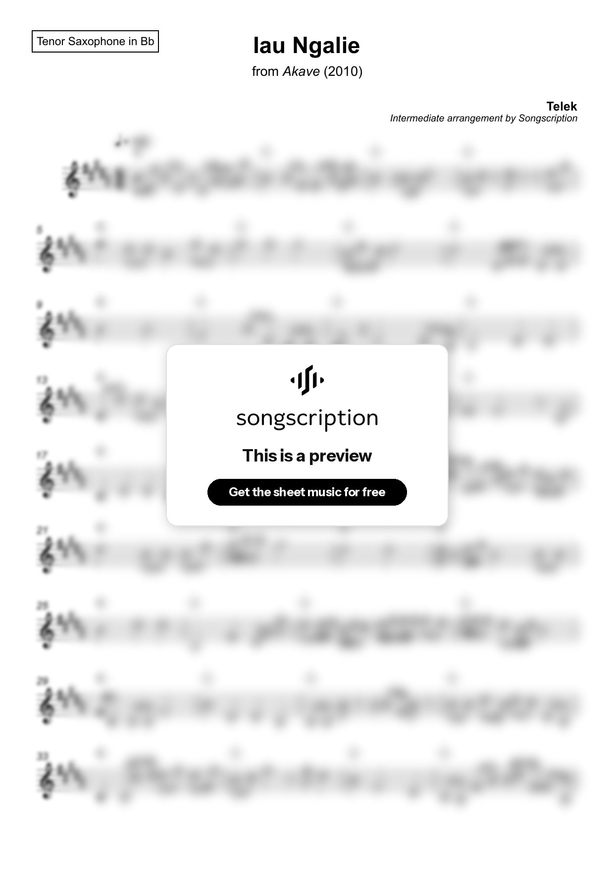 Intermediate Tenor Sax Sheet Music for "Iau Ngalie" by Telek