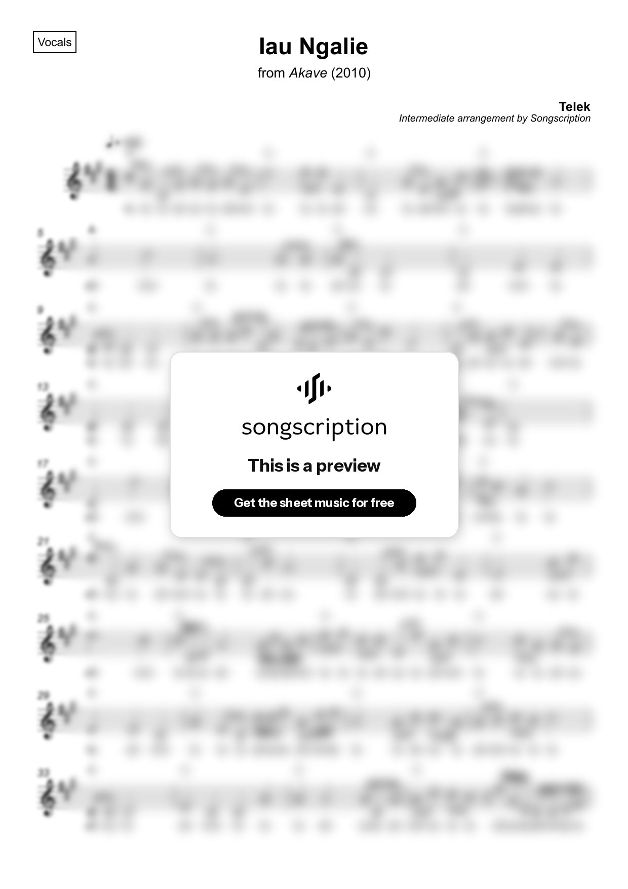 Intermediate Vocals Sheet Music for "Iau Ngalie" by Telek