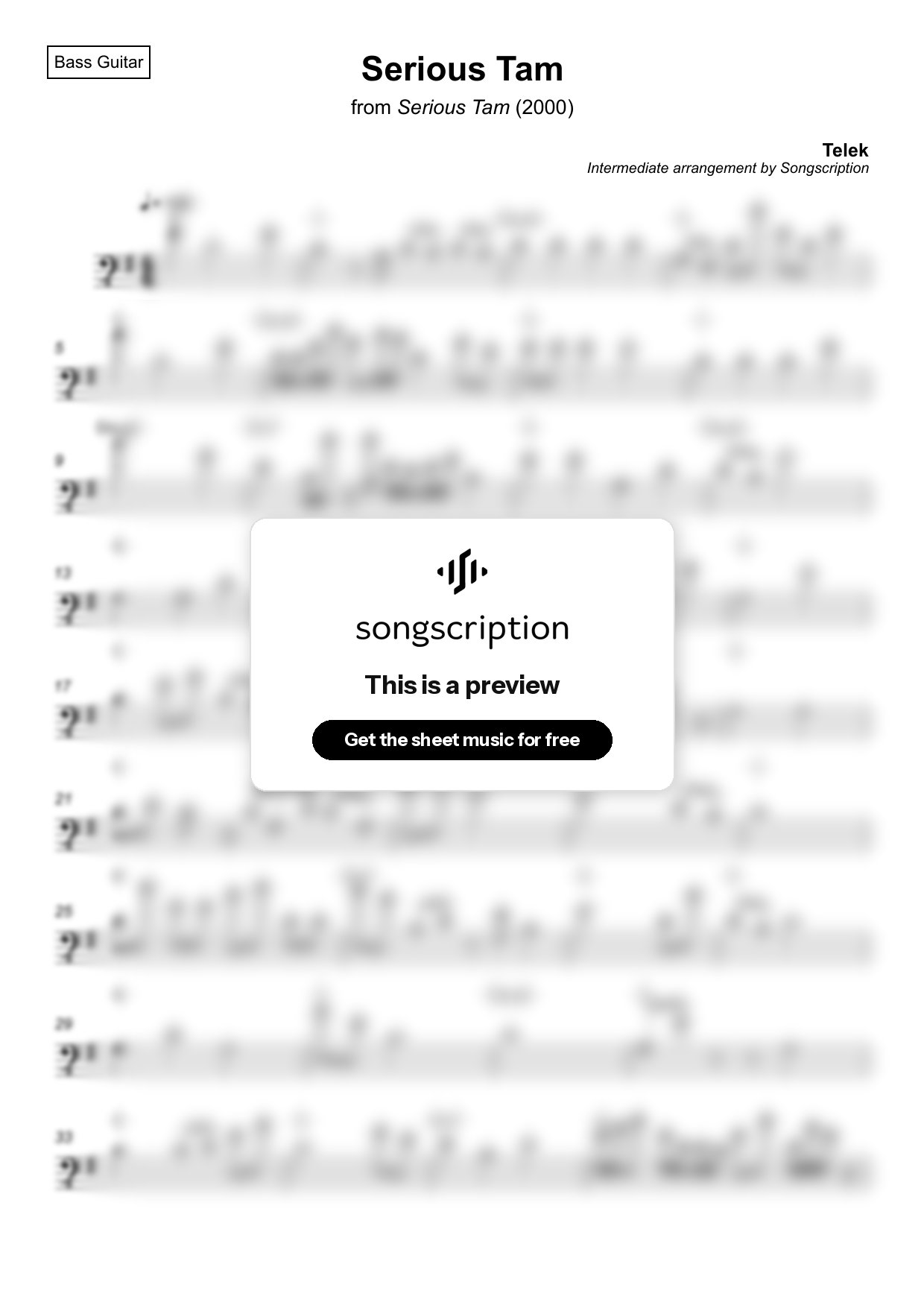 Intermediate Bass Guitar Sheet Music for "Serious Tam" by Telek
