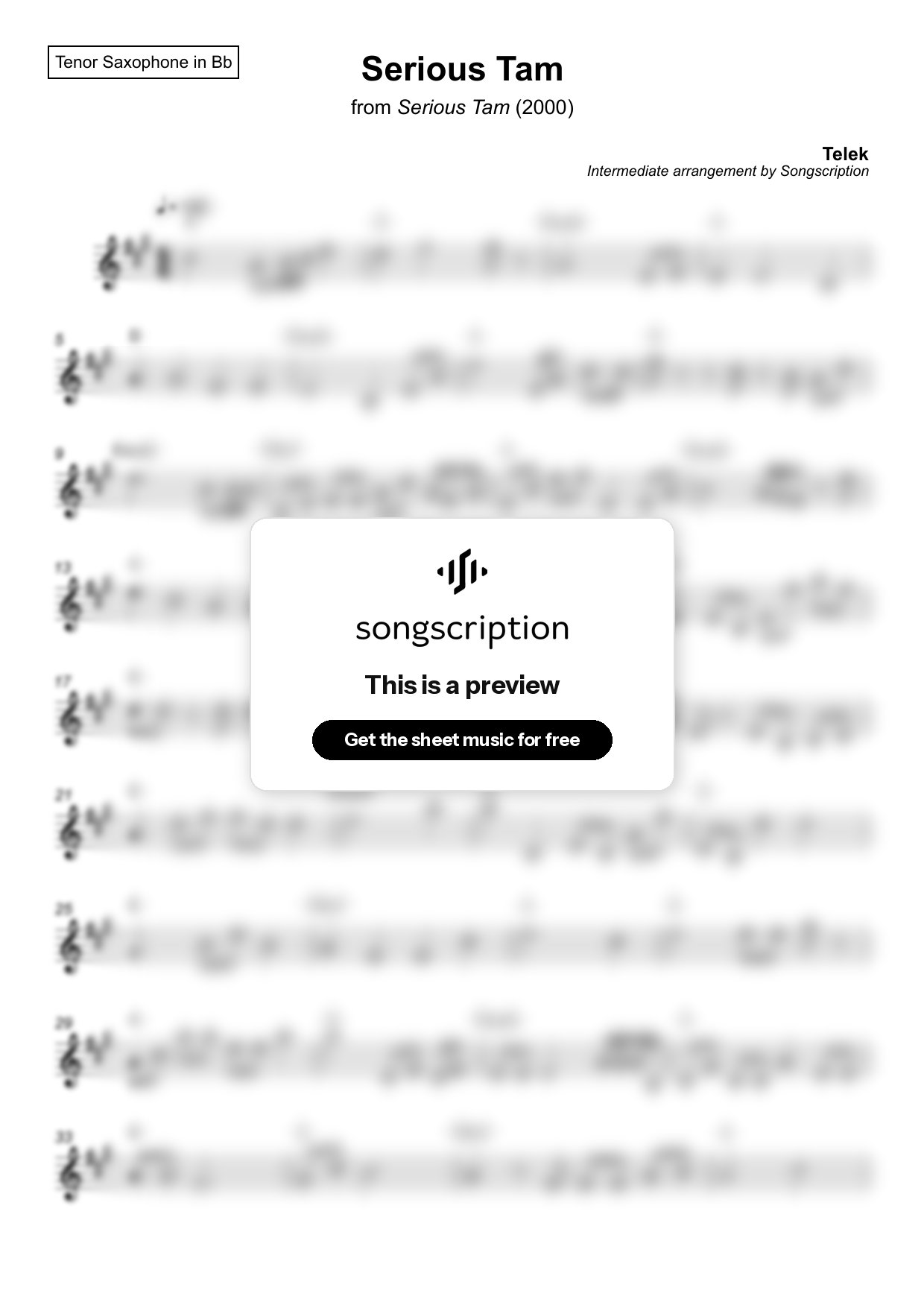 Intermediate Tenor Sax Sheet Music for "Serious Tam" by Telek