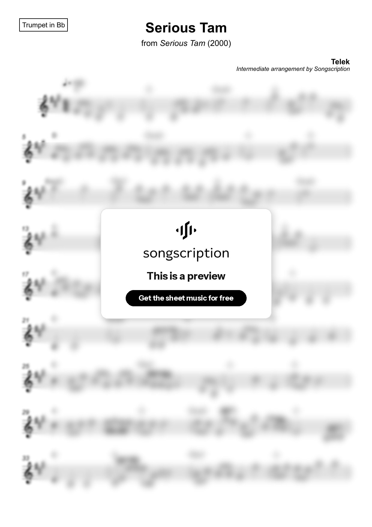 Intermediate Trumpet Sheet Music for "Serious Tam" by Telek