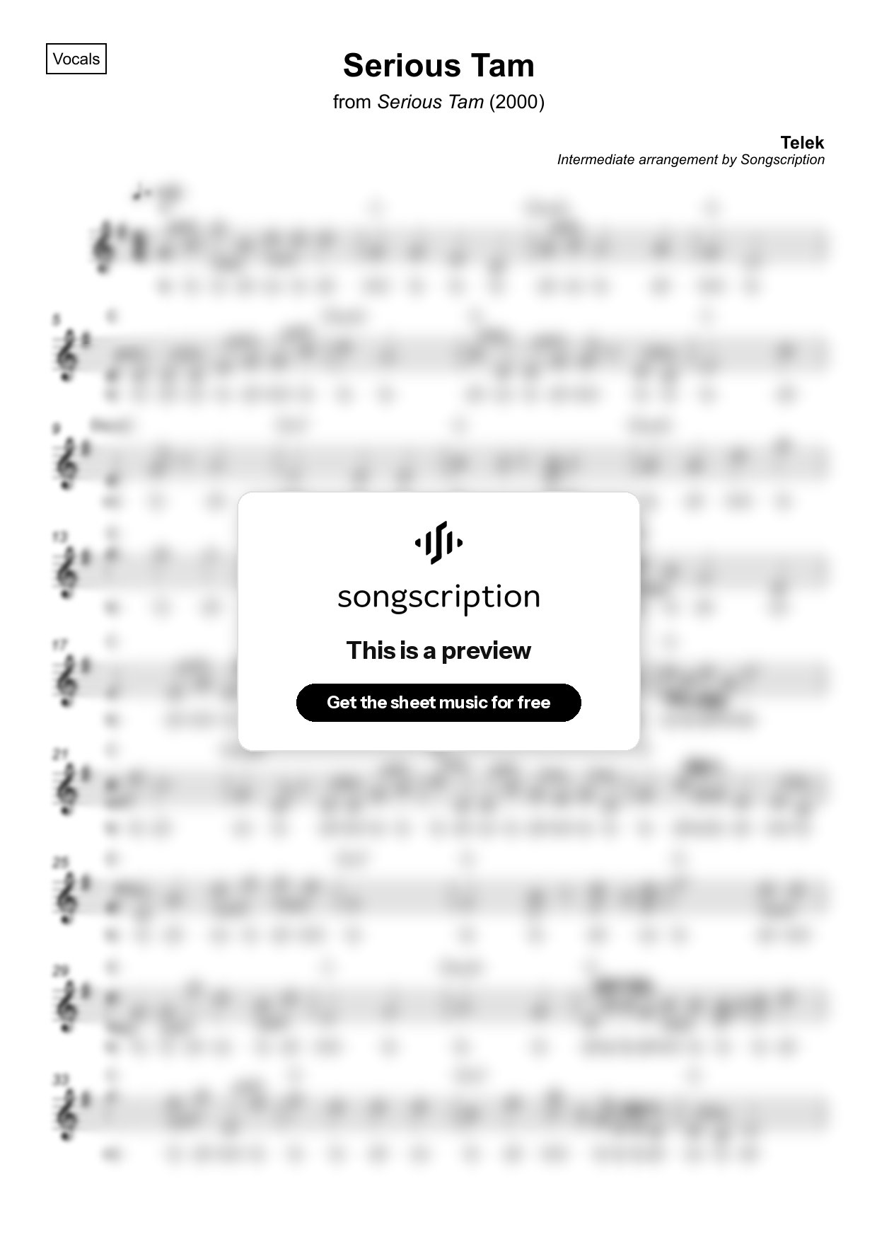 Intermediate Vocals Sheet Music for "Serious Tam" by Telek