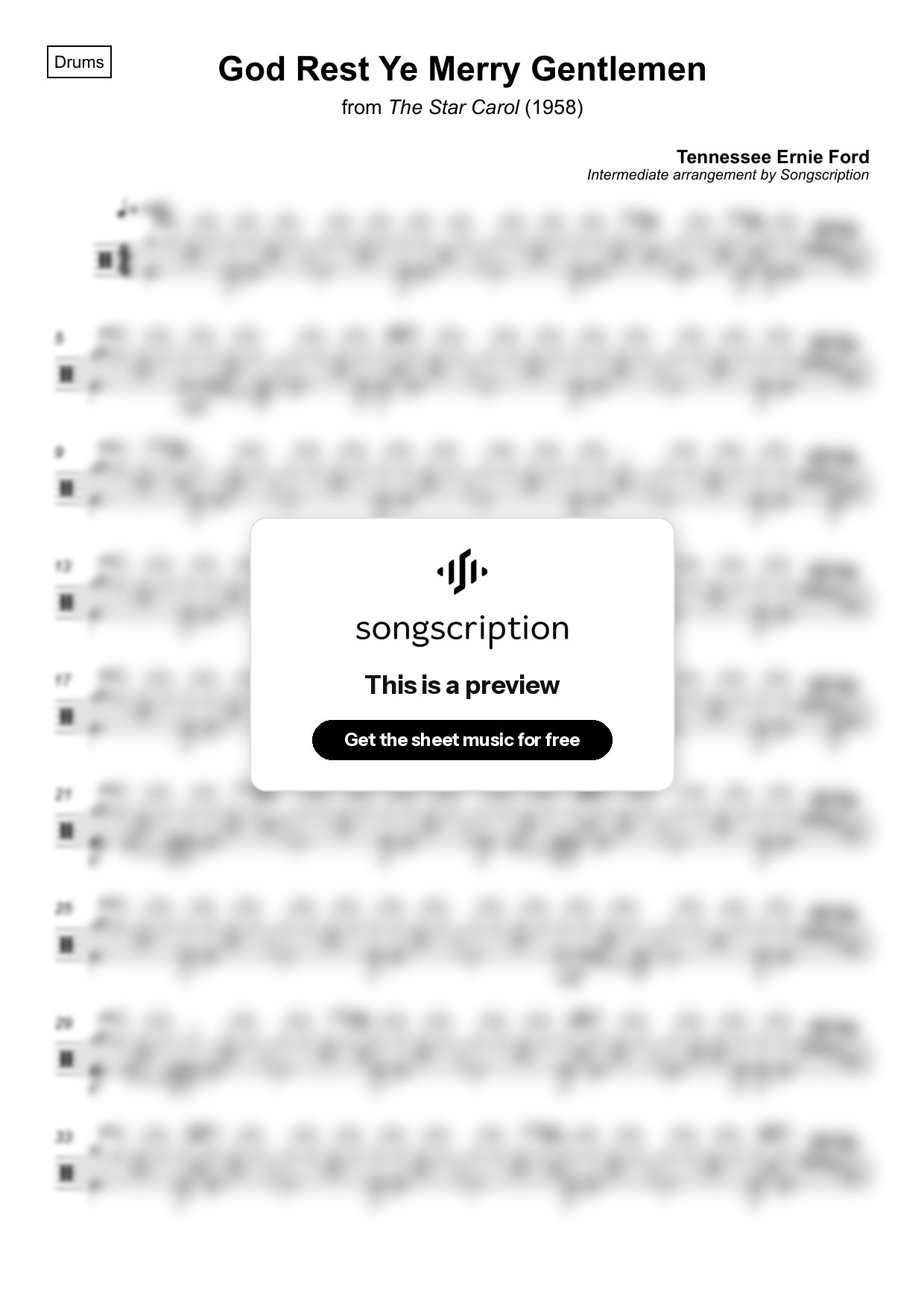 Intermediate Drums Sheet Music for "God Rest Ye Merry Gentlemen" by Tennessee Ernie Ford
