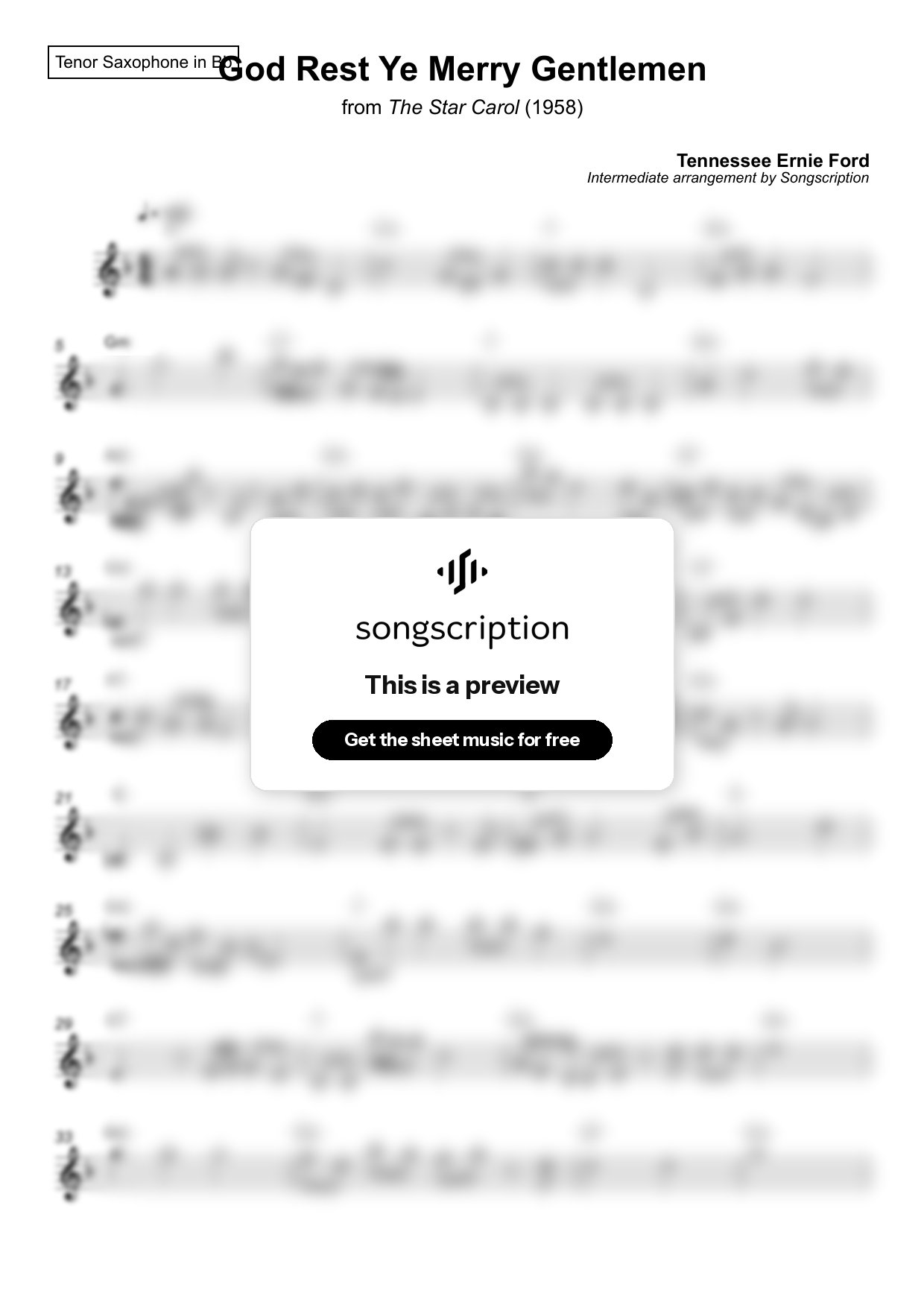 Intermediate Tenor Sax Sheet Music for "God Rest Ye Merry Gentlemen" by Tennessee Ernie Ford
