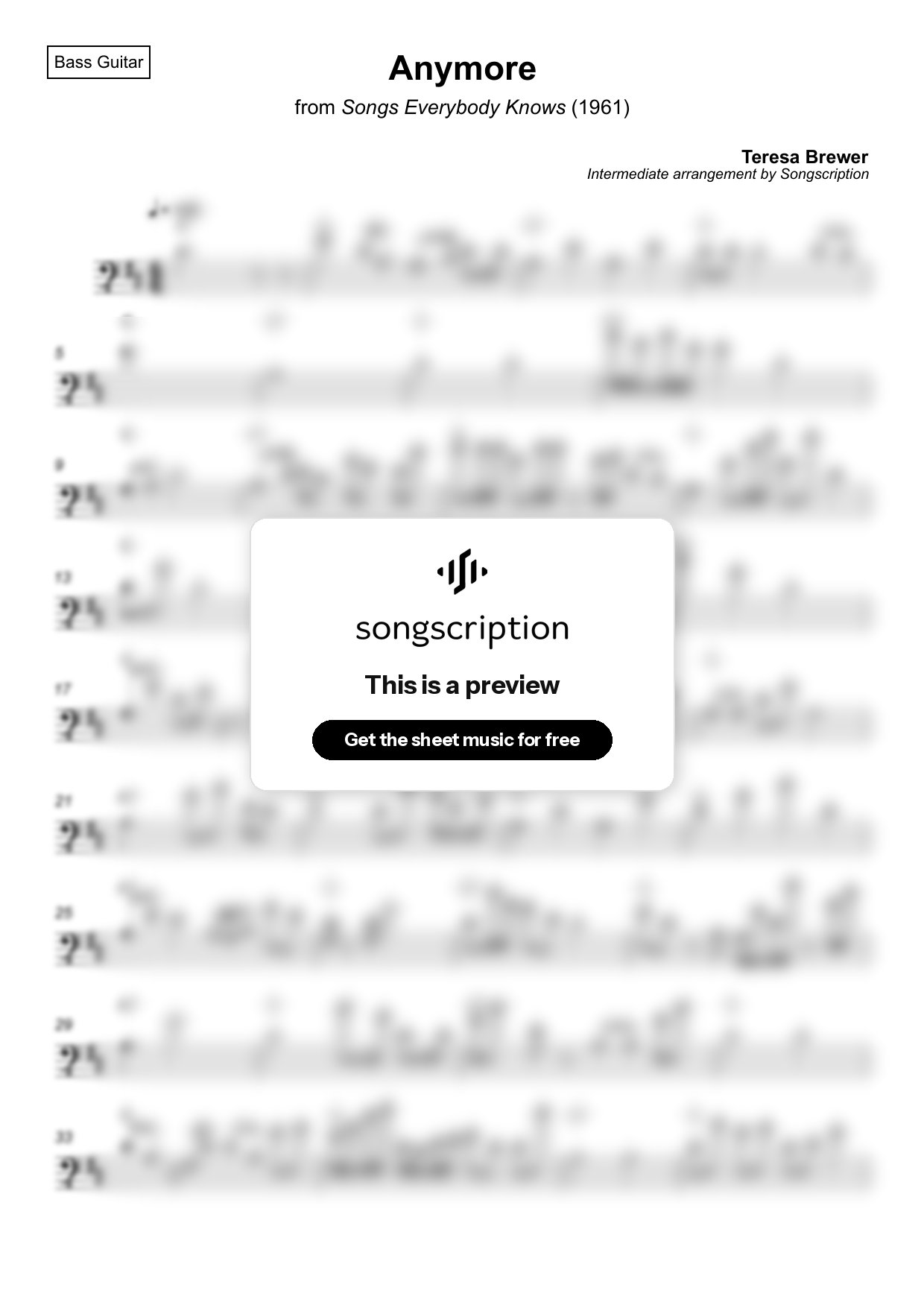 Intermediate Bass Guitar Sheet Music for "Anymore" by Teresa Brewer