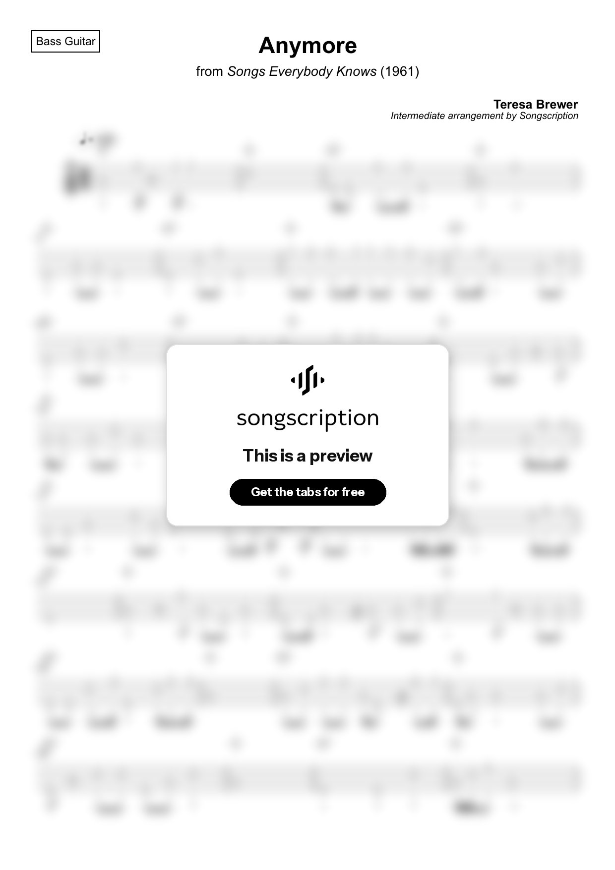 Intermediate Bass Guitar Tabs for "Anymore" by Teresa Brewer