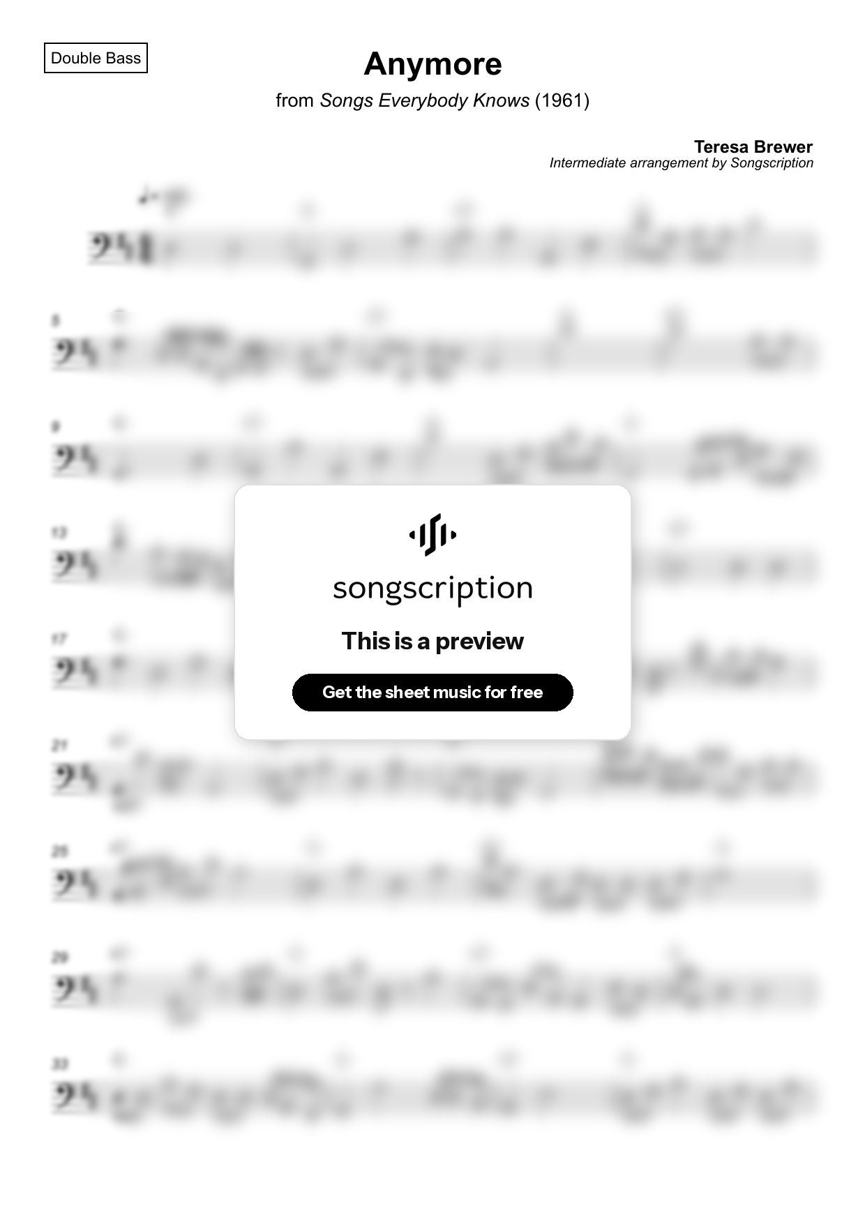 Intermediate Double Bass Sheet Music for "Anymore" by Teresa Brewer