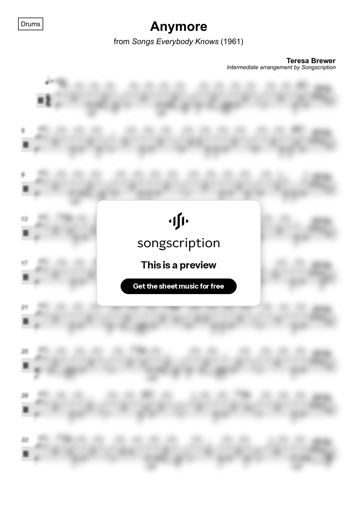 Intermediate Drums Sheet Music for "Anymore" by Teresa Brewer