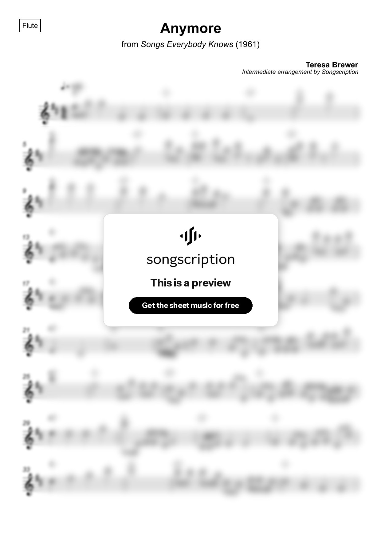 Intermediate Flute Sheet Music for "Anymore" by Teresa Brewer
