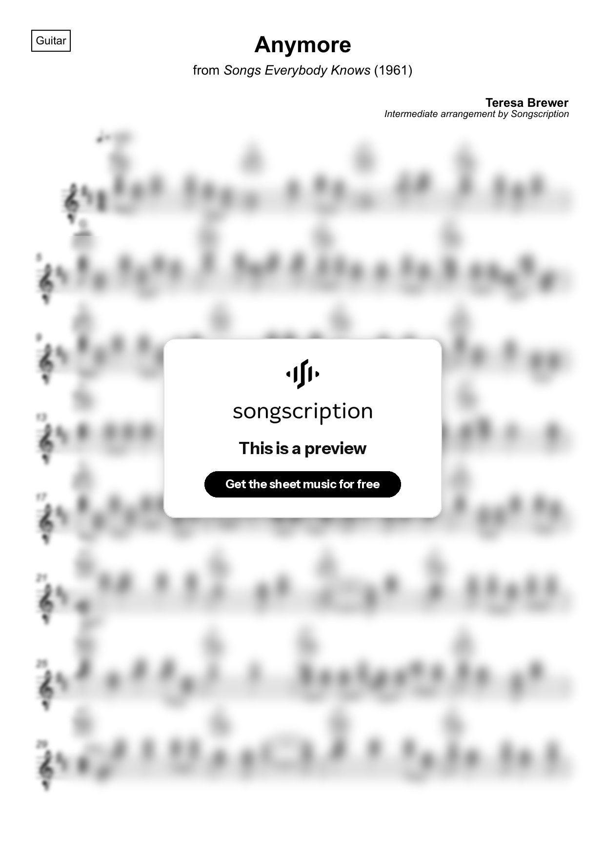 Intermediate Acoustic Guitar Sheet Music for "Anymore" by Teresa Brewer