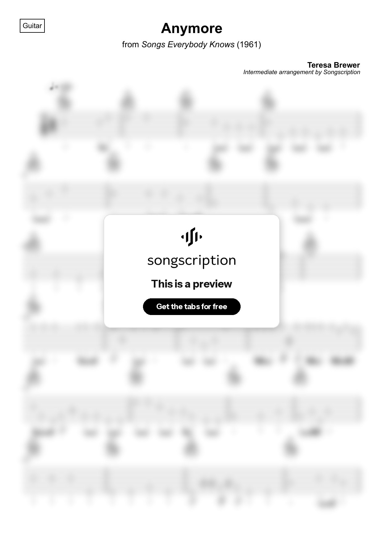 Intermediate Acoustic Guitar Tabs for "Anymore" by Teresa Brewer