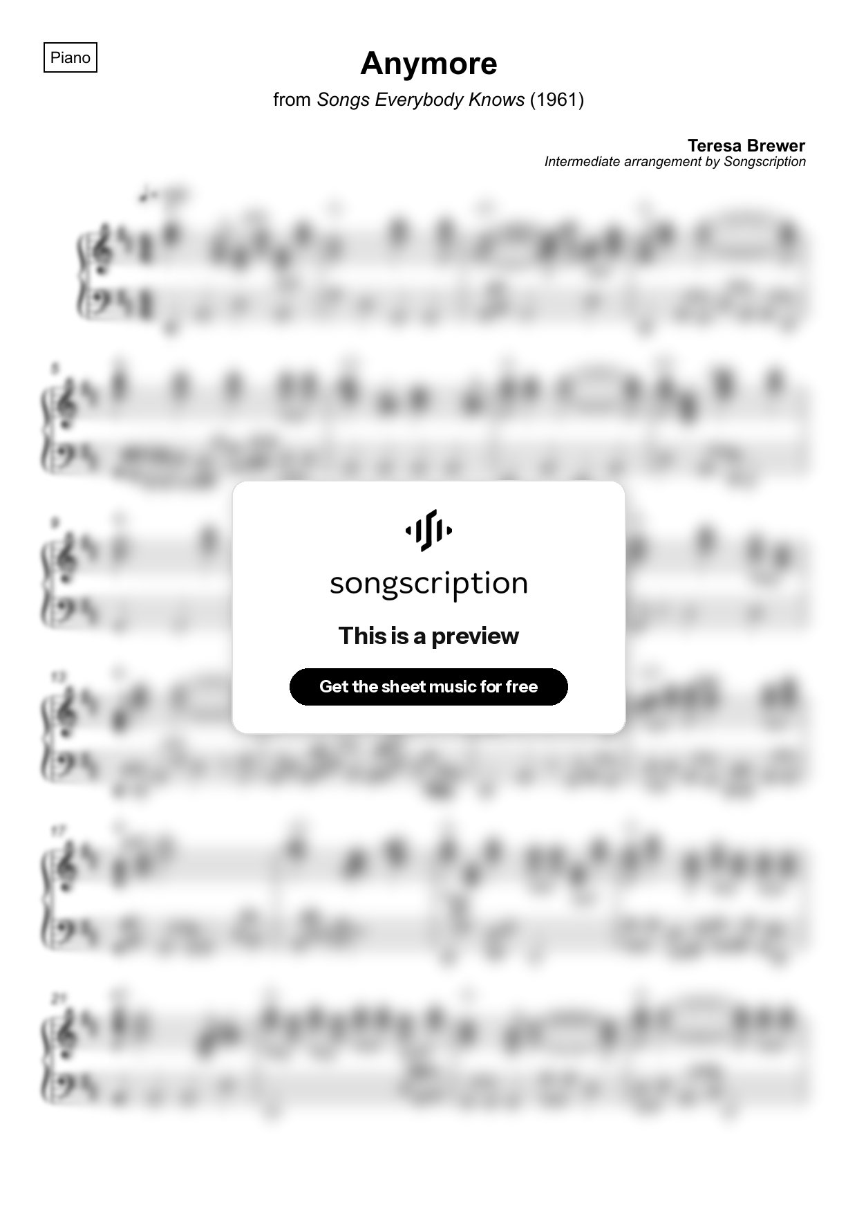 Intermediate Piano Sheet Music for "Anymore" by Teresa Brewer