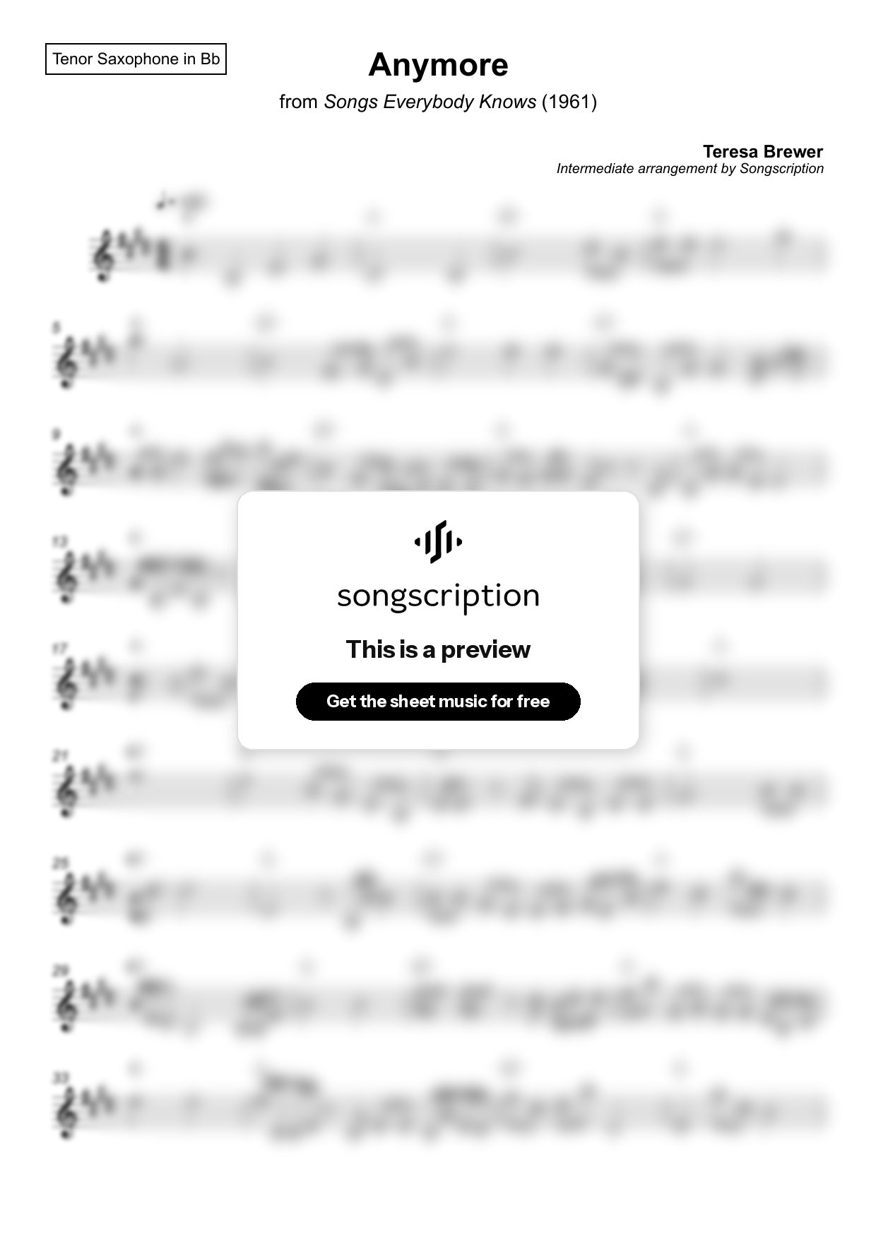 Intermediate Tenor Sax Sheet Music for "Anymore" by Teresa Brewer
