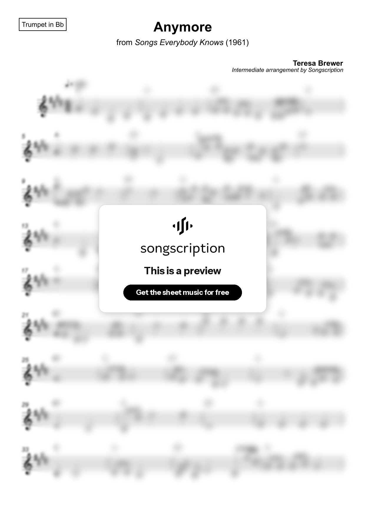 Intermediate Trumpet Sheet Music for "Anymore" by Teresa Brewer