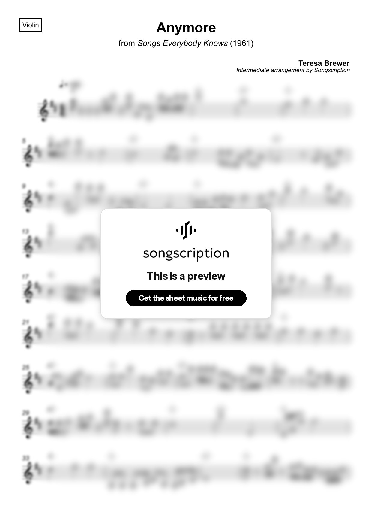 Intermediate Violin Sheet Music for "Anymore" by Teresa Brewer