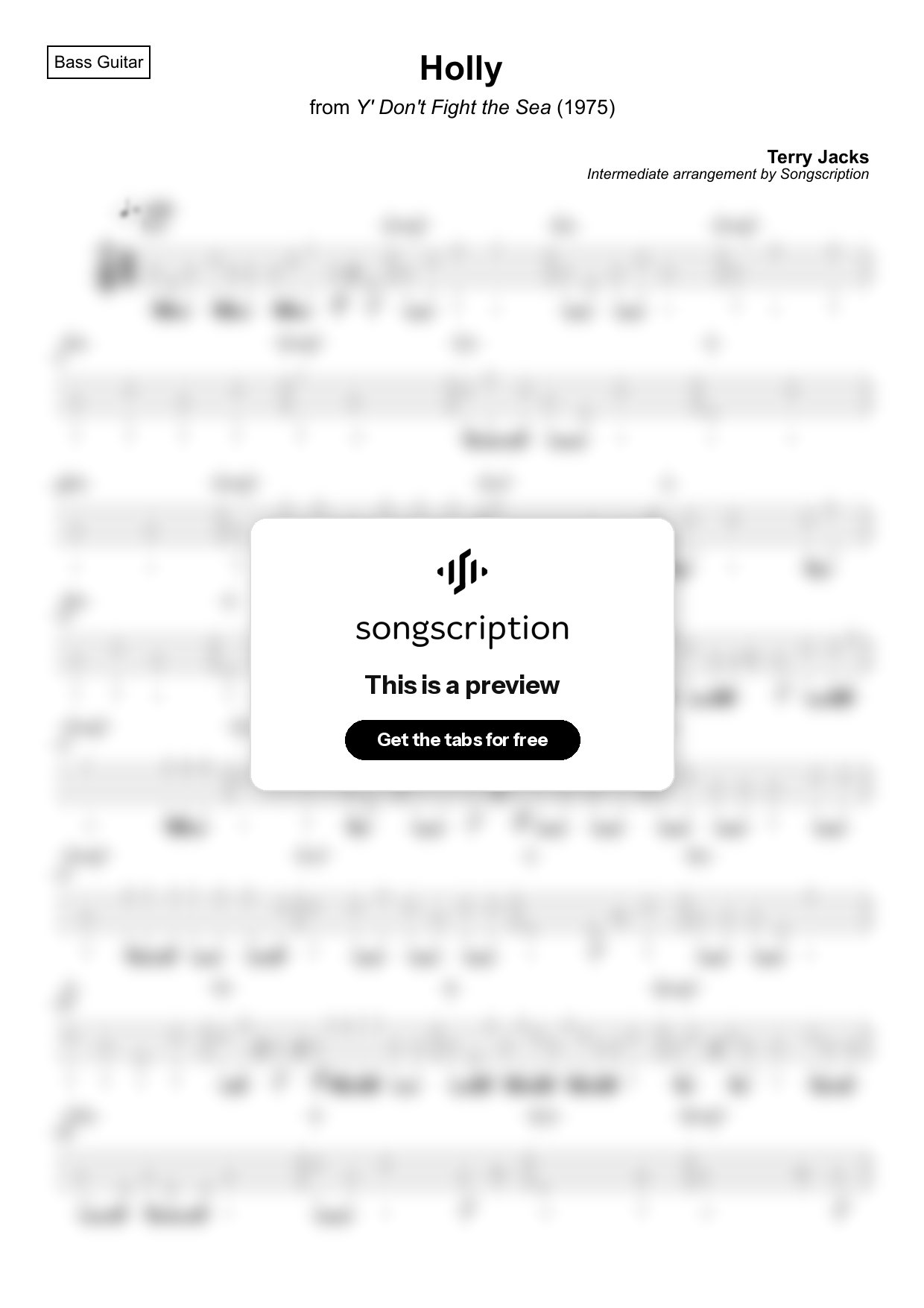 Intermediate Bass Guitar Tabs for "Holly" by Terry Jacks