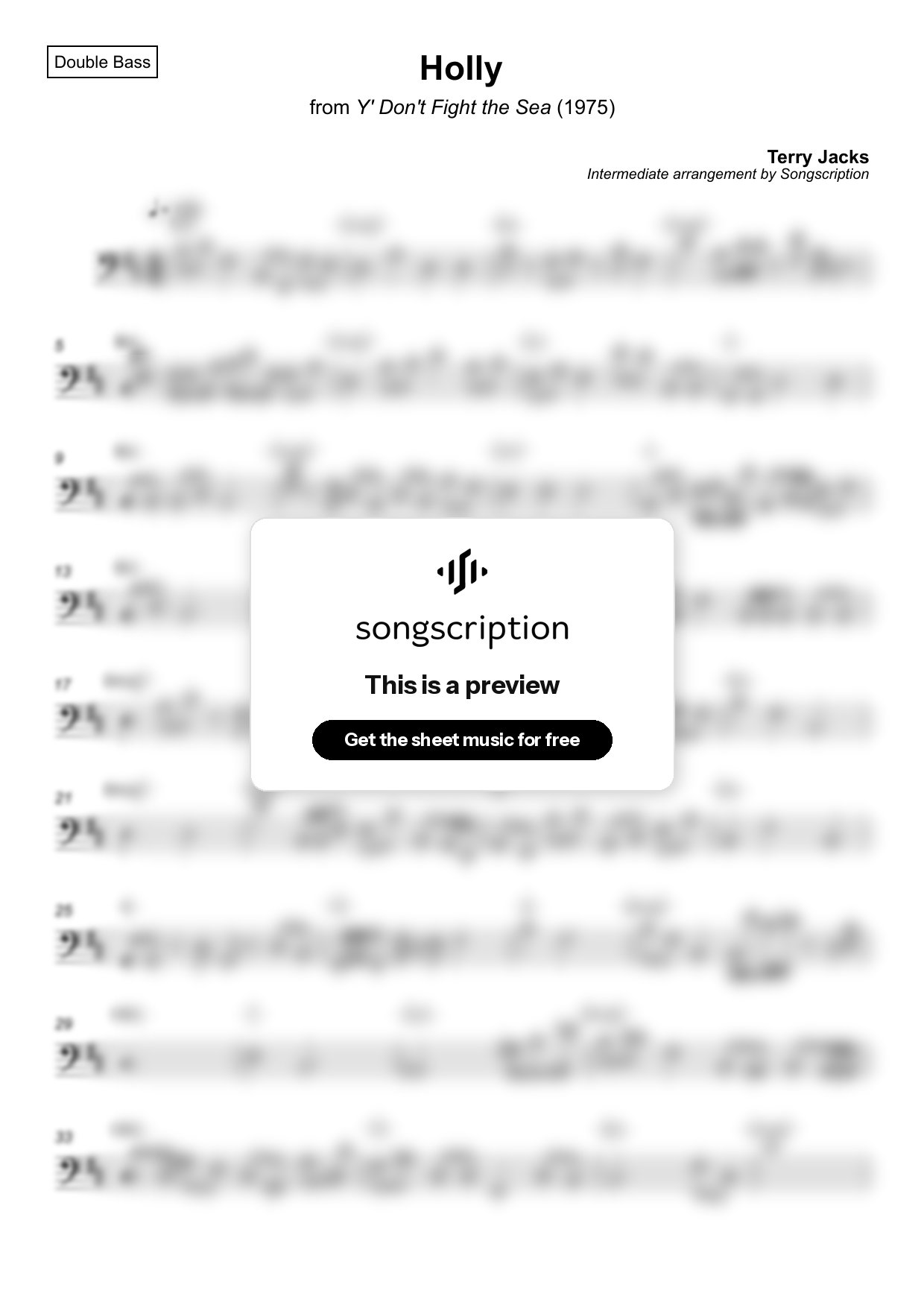 Intermediate Double Bass Sheet Music for "Holly" by Terry Jacks