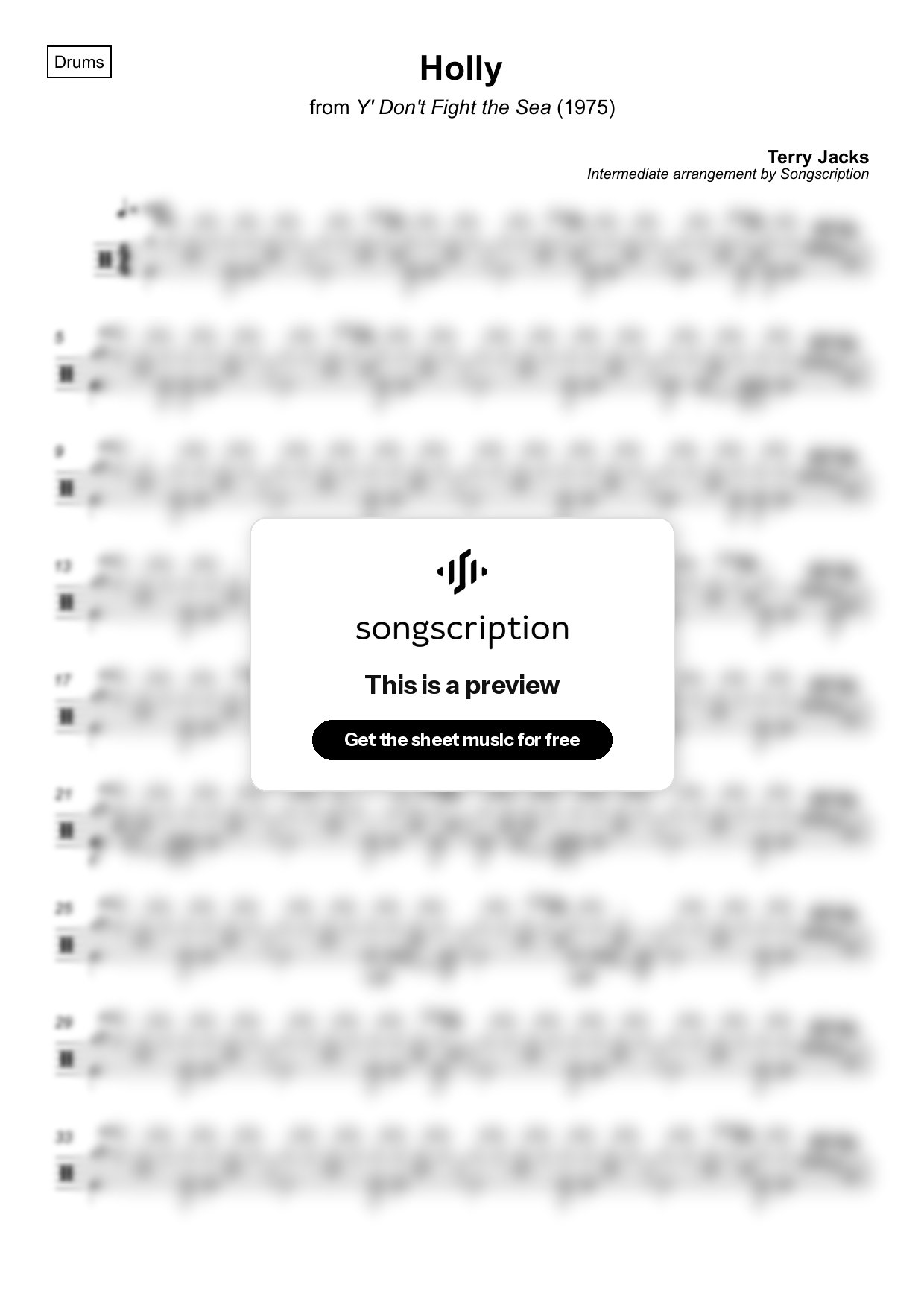 Intermediate Drums Sheet Music for "Holly" by Terry Jacks