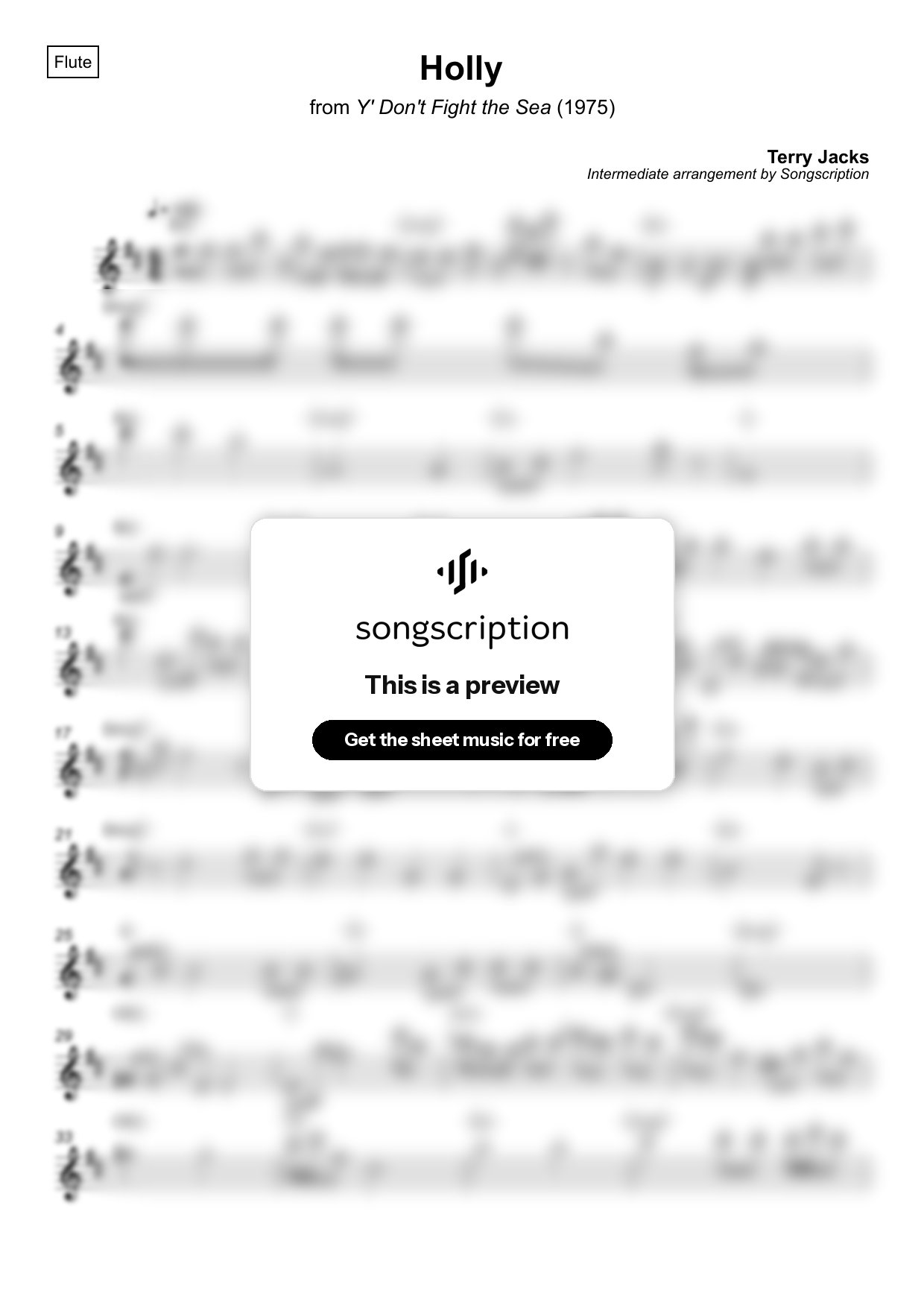 Intermediate Flute Sheet Music for "Holly" by Terry Jacks