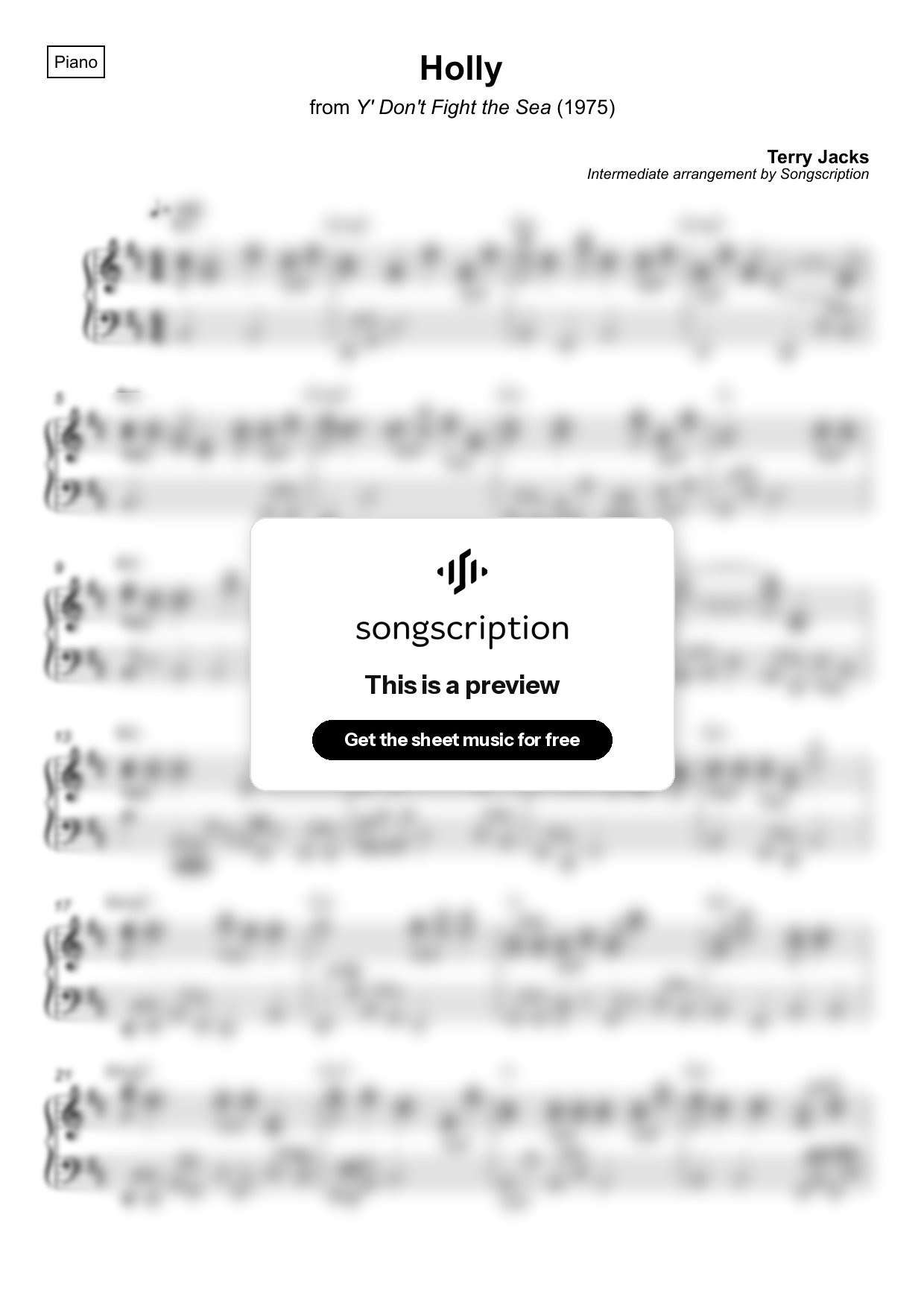 Intermediate Piano Sheet Music for "Holly" by Terry Jacks
